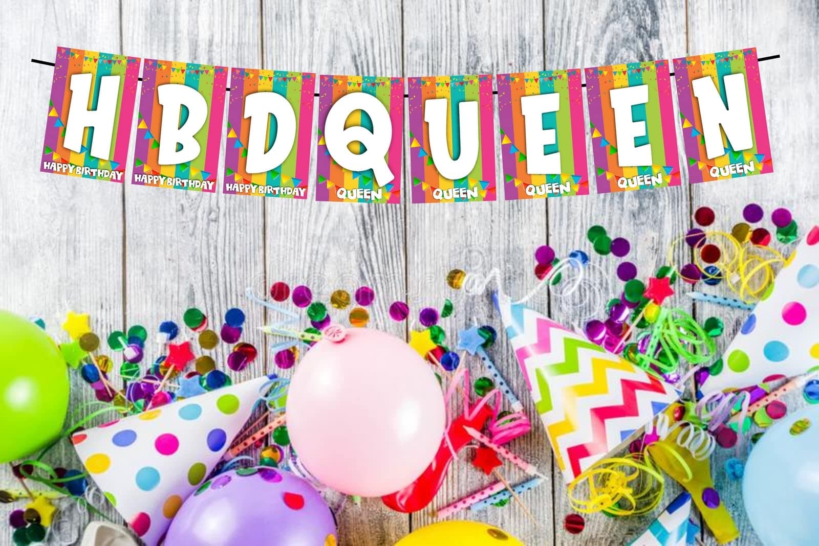 Balloonistics HBD Queen Happy Birthday Banner - Vibrant Rainbow & Bunting Cardstock Bunting - Royal Theme, Women’s & Girls’ Birthday Party Decorations, "Happy Birthday Queen" Backdrop thumbnail 2