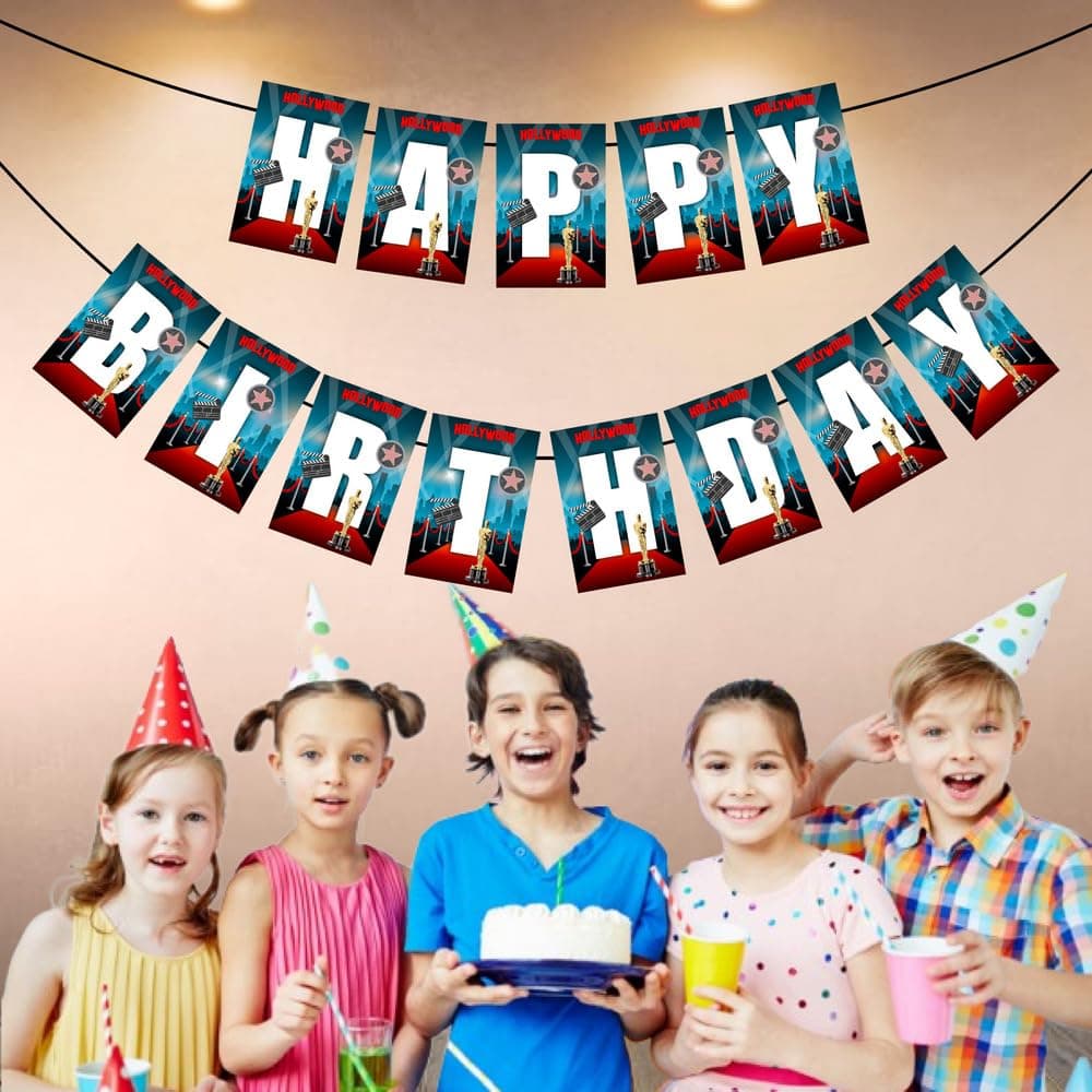 Balloonistics Hollywood Theme Happy Birthday Banner - Large Gold & Black Cardstock Bunting for Red Carpet VIP Parties - Movie Night, Awards Ceremony & Cinema Backdrop Decorations (Happy Birthday Banner) thumbnail 3
