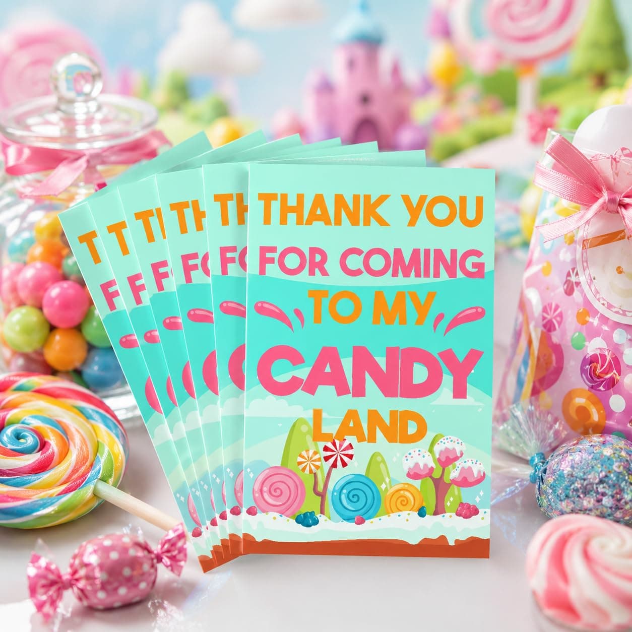 Balloonistics Candy Theme Birthday Thank You Cards - Pack of 20 Vibrant "Sweet Shop" Note Cards with Envelopes - Double-Sided Cardstock Fill-in Appreciation Cards, Candyland Party Favors (Thank you Cards - Pack of 20)