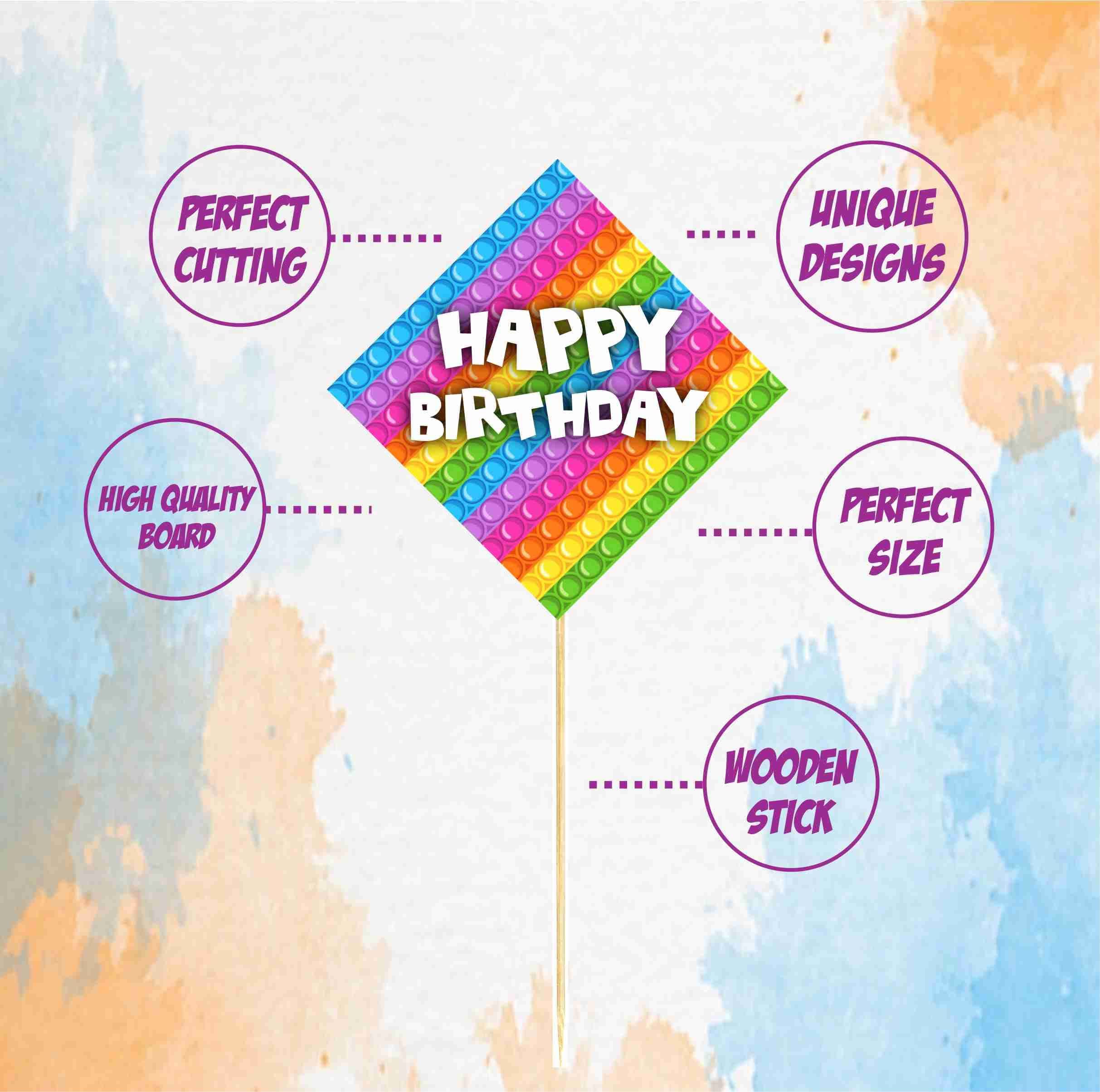 Balloonistics Pop It Theme Happy Birthday Cake Topper - Vibrant Cardstock Cupcake & Cake Decorations with Bamboo Sticks - Sensory Fidget Toy for Kids Birthdays & Events (Cake Topper - Pack of 10) thumbnail 5