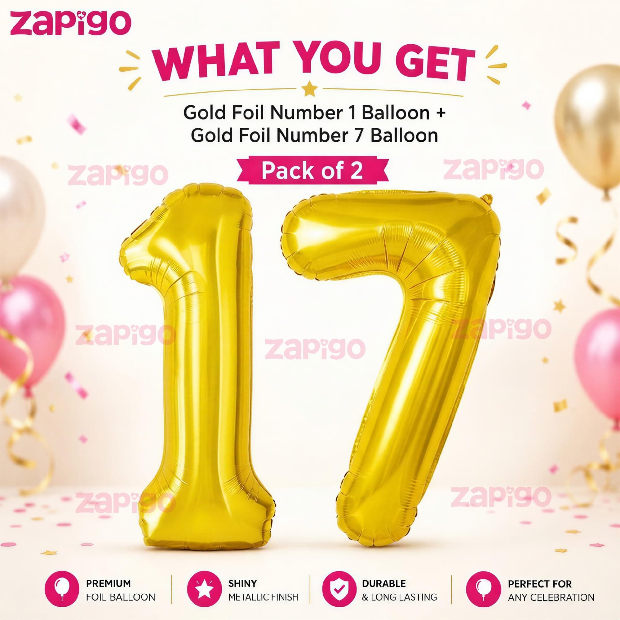 Balloonistics Number 17 Gold Foil Balloon – 17-Inch Metallic Gold “17” Balloon for 17th Birthday & Teen Party Decorations (Gold, Pack of 2) thumbnail 2