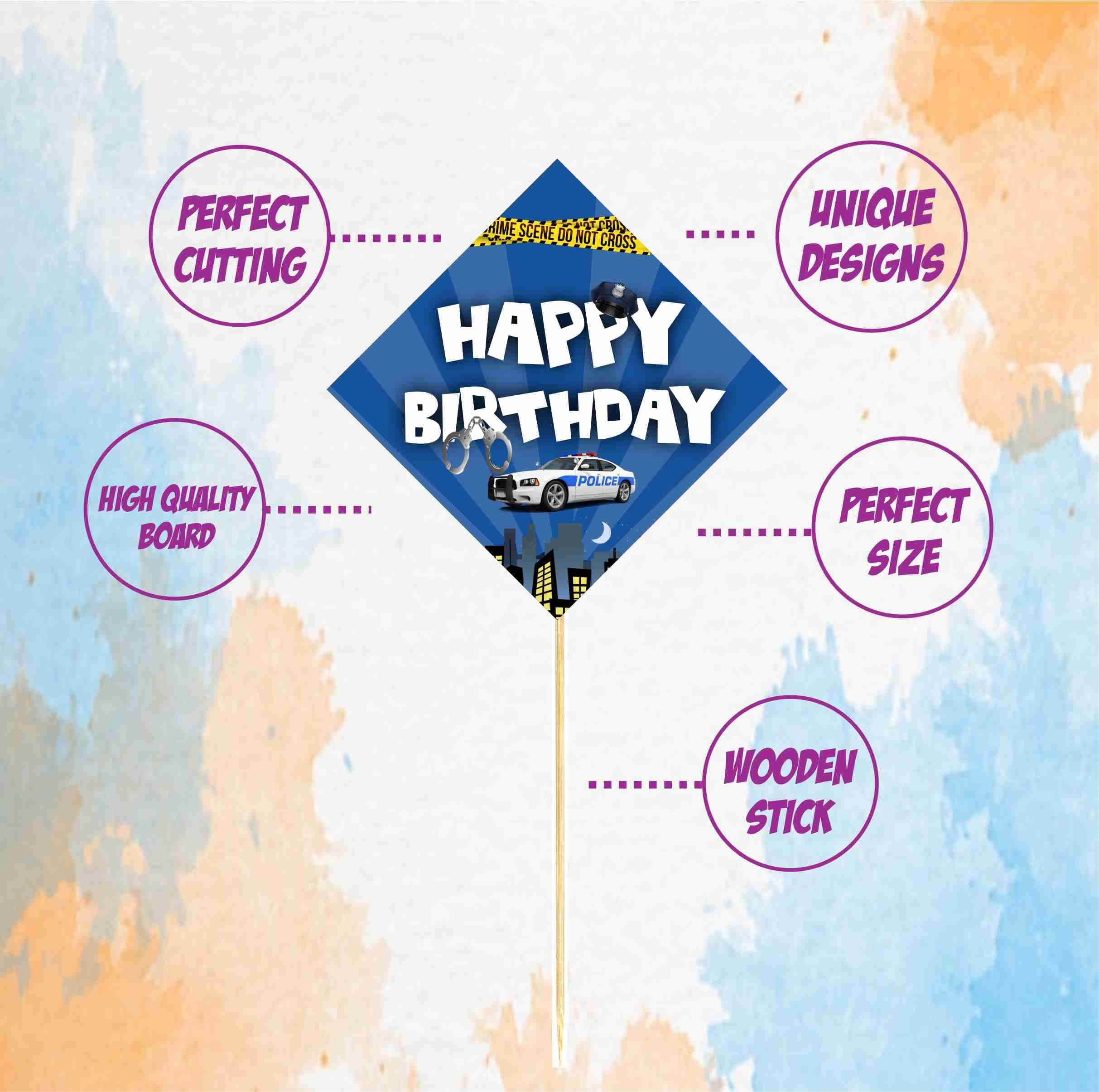 Balloonistics Police Happy Birthday Cake Toppers - Pack of 10 Cardstock Cake Picks - Police Officer Theme Party Decorations, Cop Car & Badge Dessert Toppers on Bamboo Sticks thumbnail 5