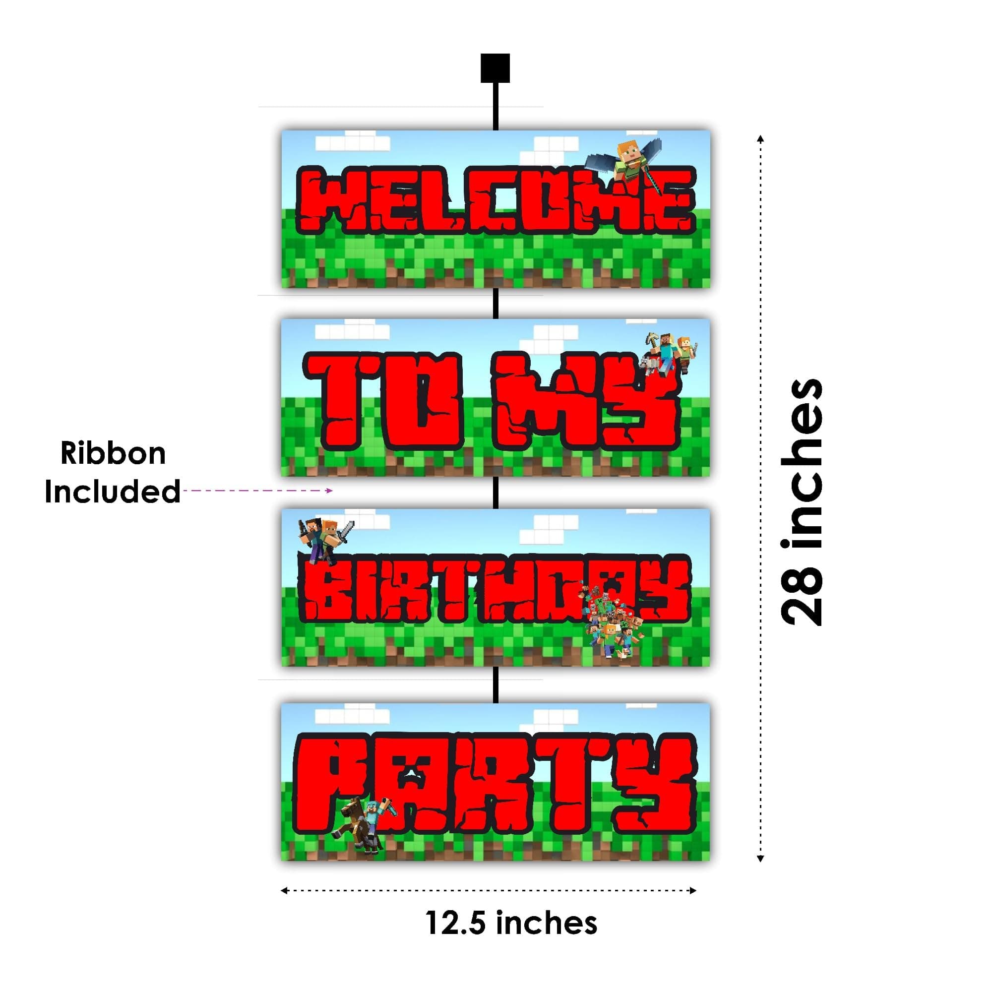 Balloonistics Mines & Craft Theme Welcome Board 2.3 Feet Cardstock Birthday Sign Double-Sided Pixel Party Decoration for Indoor & Outdoor with Ribbons (Welcome Outdoor Board) thumbnail 2