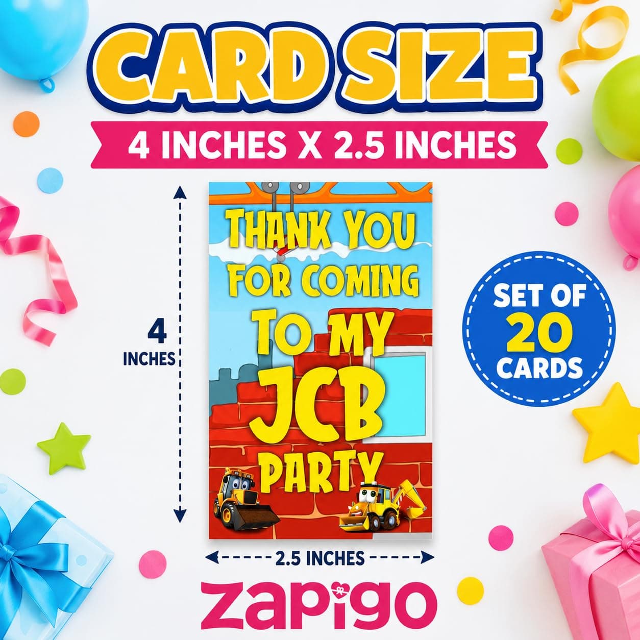 Balloonistics Little JCB Theme Thank You Cards - Pack of 20 Construction Party Appreciation Notes - Premium Cardstock Yellow Digger & Excavator Stationery, "Loads of Thanks" Birthday Favors (Thank you Cards - Pack of 20) thumbnail 7