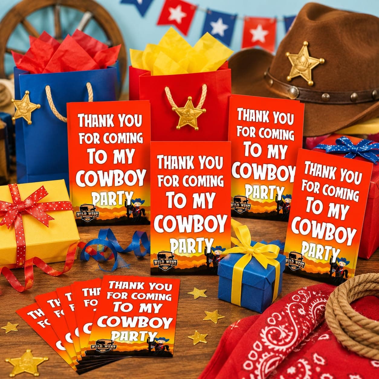 Balloonistics Cowboy Theme Thank You Cards - Pack of 20 Wild West Birthday Note Cards - Premium Cardstock Double-Sided "Thanks for Roping by" Stationery, Rustic Sheriff Badge & Boot Gratitude Cards (Thank you Cards - Pack of 20) thumbnail 1