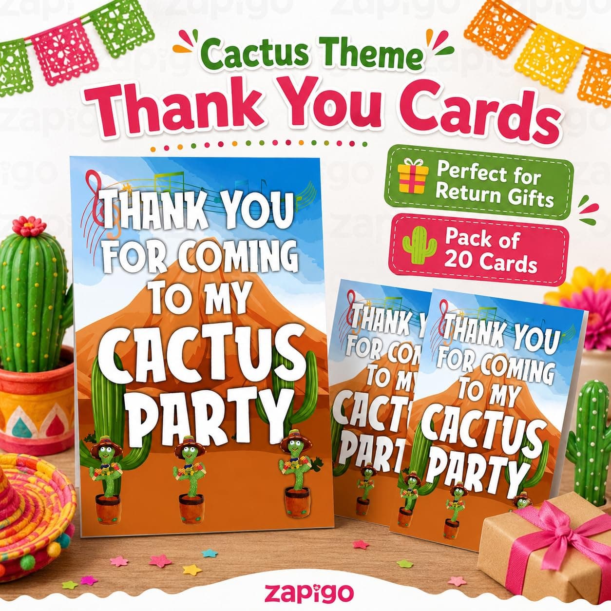 Balloonistics Talking Cactus Birthday Thank You Cards - Pack of 20 Premium Cardstock Notes - Dancing Cactus Theme Party Supplies, Desert Fiesta "Stay Sharp" Appreciation Cards, Mimicking Plant Party Favors (Thank you Cards - Pack of 20) thumbnail 2