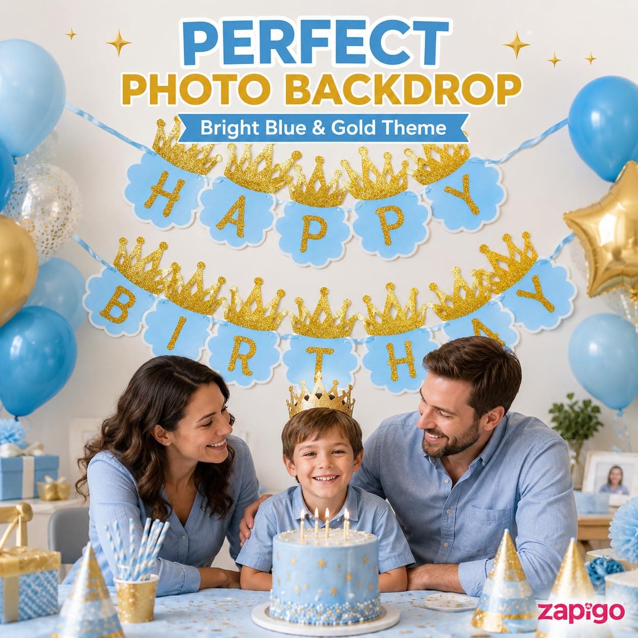 Balloonistics Happy Birthday Cardboard Banner with Glitter Crown – Blue & Gold Party Decoration Bundle for Boys Birthday Celebration & Photo Backdrop thumbnail 6