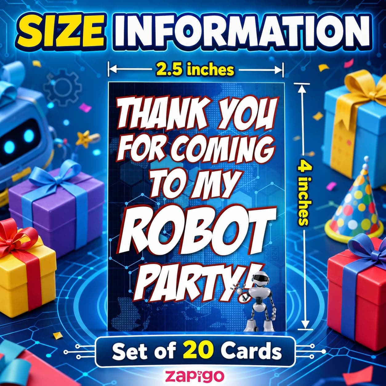 Balloonistics Robot Theme Thank You Cards - Pack of 20 Double-Sided Cardstock Note Cards - Futuristic Sci-Fi Party Stationery for Kids, Boys & STEM Birthdays - Gear-Shaped Appreciation Cards with Fill-in Details (Thank you Cards - Pack of 20) thumbnail 7