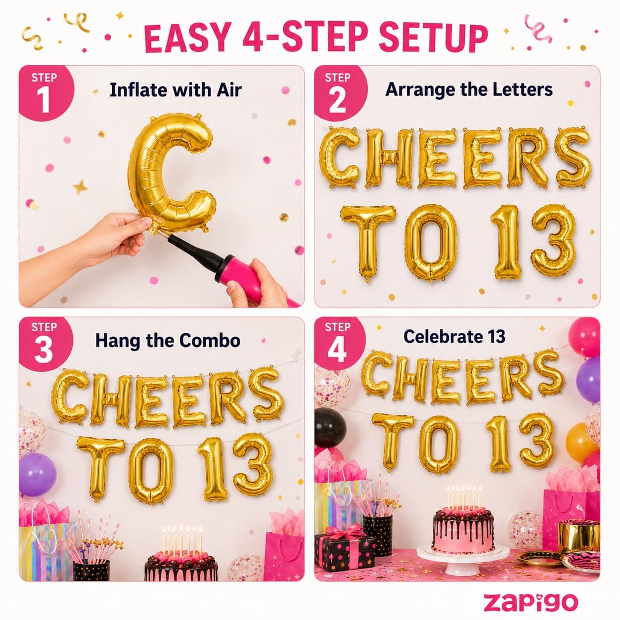 Balloonistics Cheers to 13 Foil Balloon Combo | Number 13 Balloons with Gold Text | 13th Birthday, Teen Party & Anniversary Decoration thumbnail 4