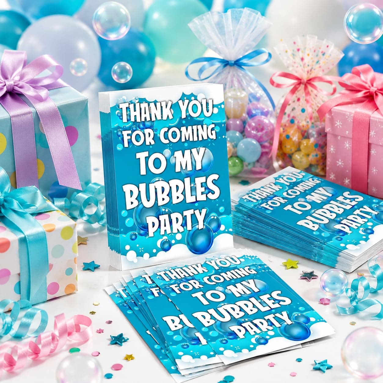 Balloonistics Bubble Theme Thank You Cards - Pack of 20 Whimsical "Pop" Party Note Cards - Premium Cardstock Double-Sided "Thanks for Popping By" Stationery, Iridescent Bubble & Blue Sky Gratitude Cards (Thank you Cards - Pack of 20) thumbnail 1