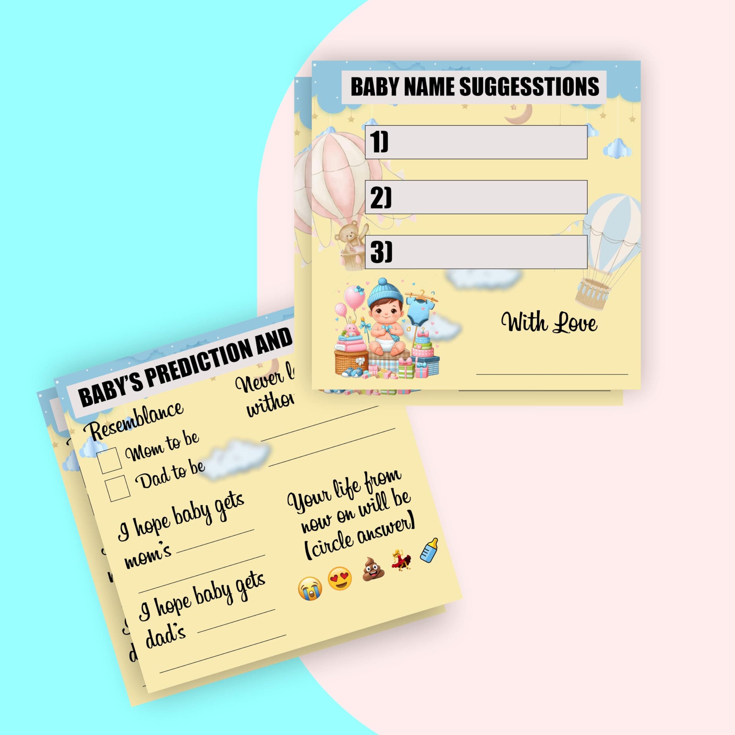 Balloonistics Baby Shower Activity Cards – Pack of 20 (10 Each) – Teddy Bear & Parachute Theme – Predictions, Wishes, Advice & Name Suggestions – Premium 4x4 Inch Cardstock Guest Games thumbnail 1