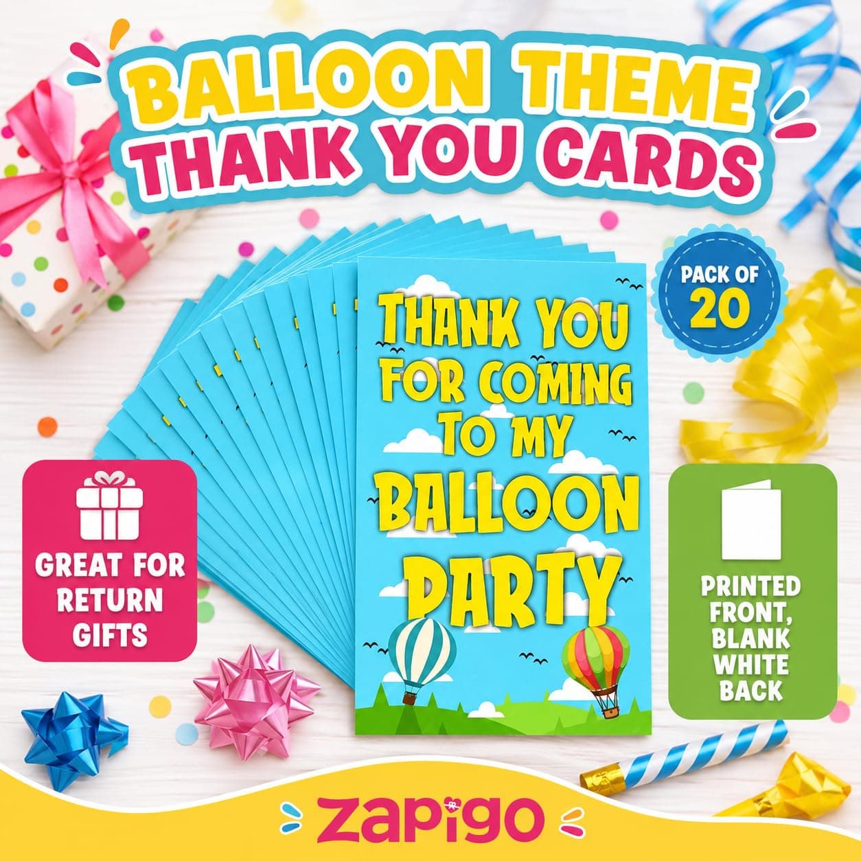 Balloonistics Hot Air Balloon Theme Thank You Cards - Pack of 20 Up & Away Party Appreciation Notes - Premium Cardstock Whimsical Sky & Clouds Stationery, Adventure Awaits Birthday Favors (Thank you Cards - Pack of 20) thumbnail 7