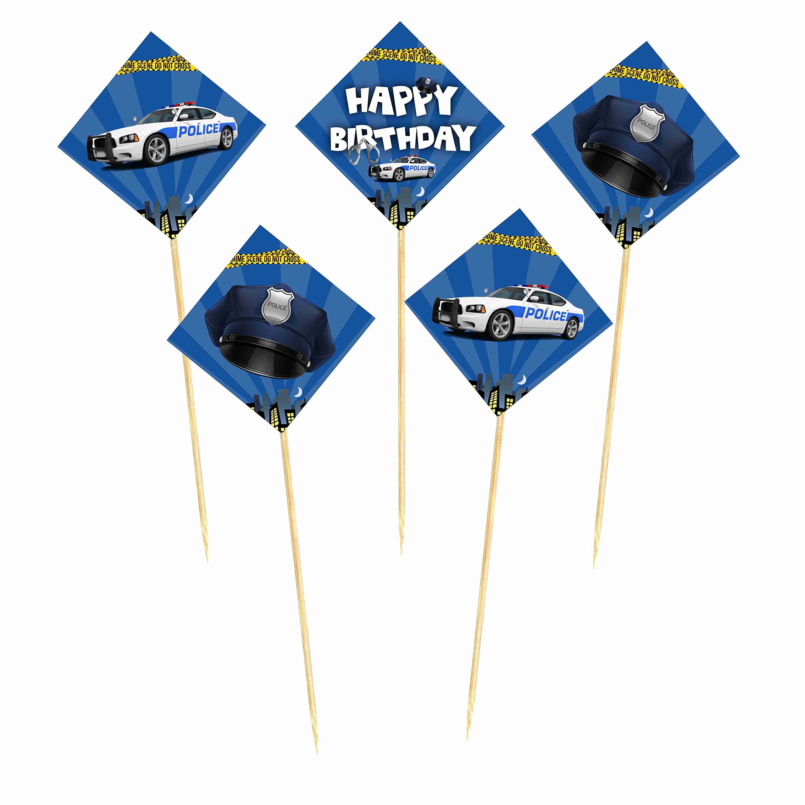 Balloonistics Police Happy Birthday Cake Toppers - Pack of 10 Cardstock Cake Picks - Police Officer Theme Party Decorations, Cop Car & Badge Dessert Toppers on Bamboo Sticks thumbnail 2