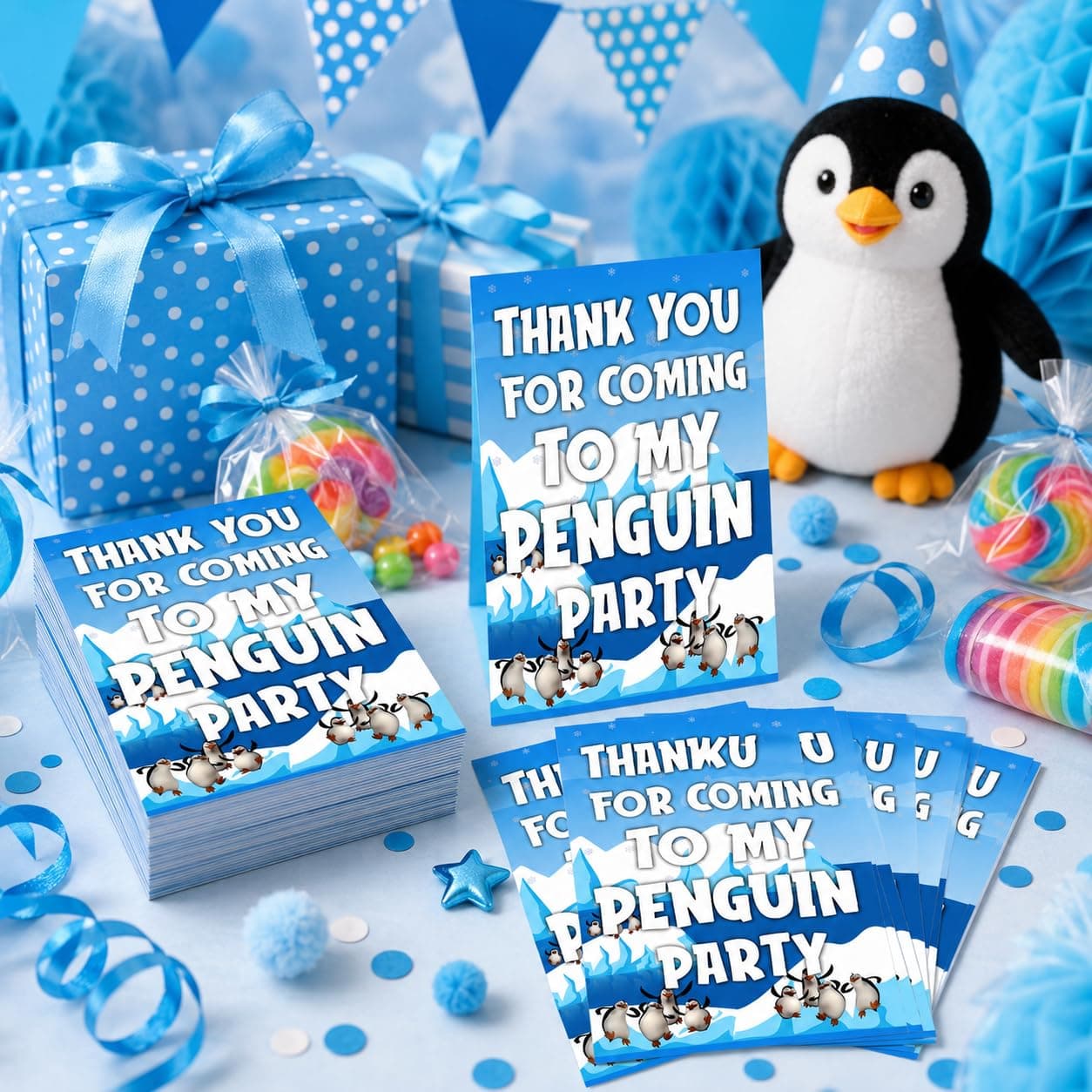 Balloonistics Penguin Happy Birthday Thank You Cards - Pack of 20 Premium Cardstock Notes - Cute Winter Theme Party Supplies, "Thanks for Sliding By" Kids Appreciation Cards with Envelopes (Thank you Cards - Pack of 20) thumbnail 1