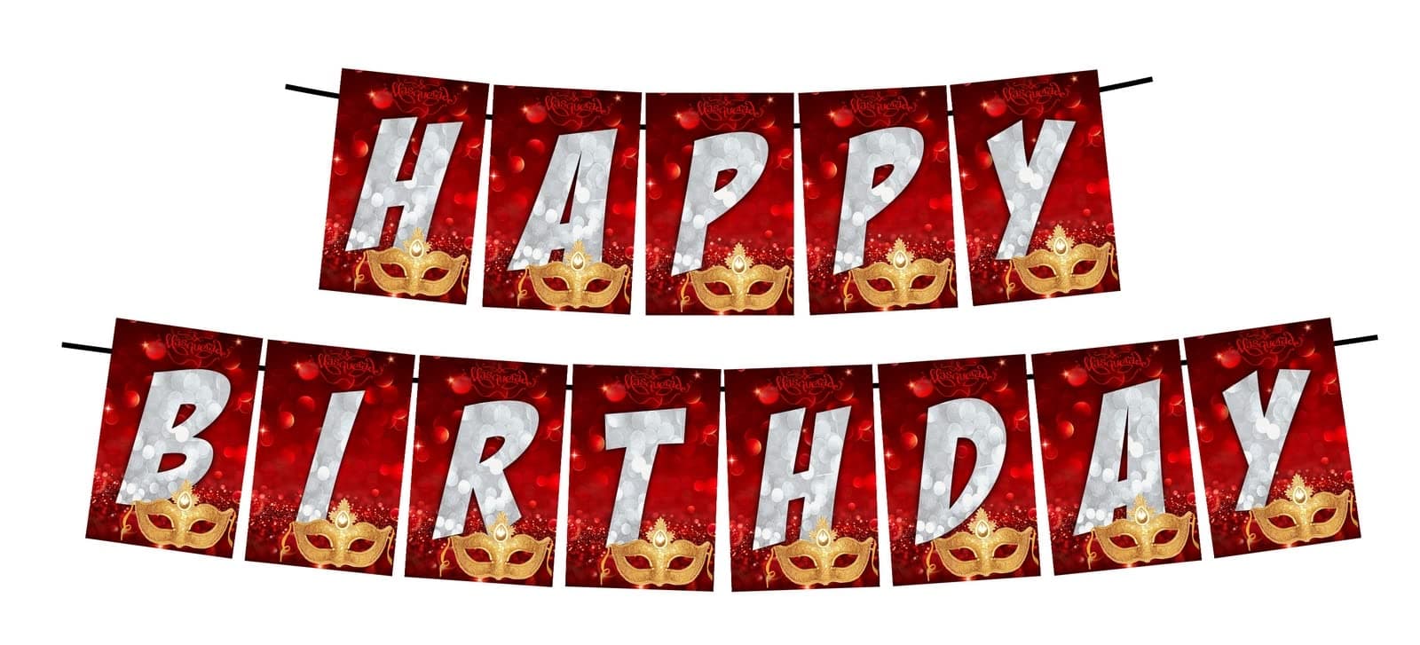 Balloonistics Masquerade Theme Happy Birthday Banner - Venetian Mask & Mystery Cardstock Bunting for Adults & Teens - Mardi Gras, Prom & Masked Ball Party Decorations, Elegant Backdrop thumbnail 1