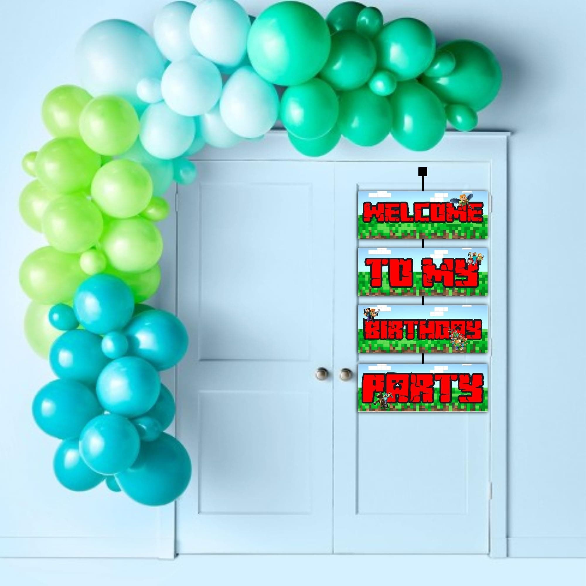Balloonistics Mines & Craft Theme Welcome Board 2.3 Feet Cardstock Birthday Sign Double-Sided Pixel Party Decoration for Indoor & Outdoor with Ribbons (Welcome Outdoor Board) thumbnail 3