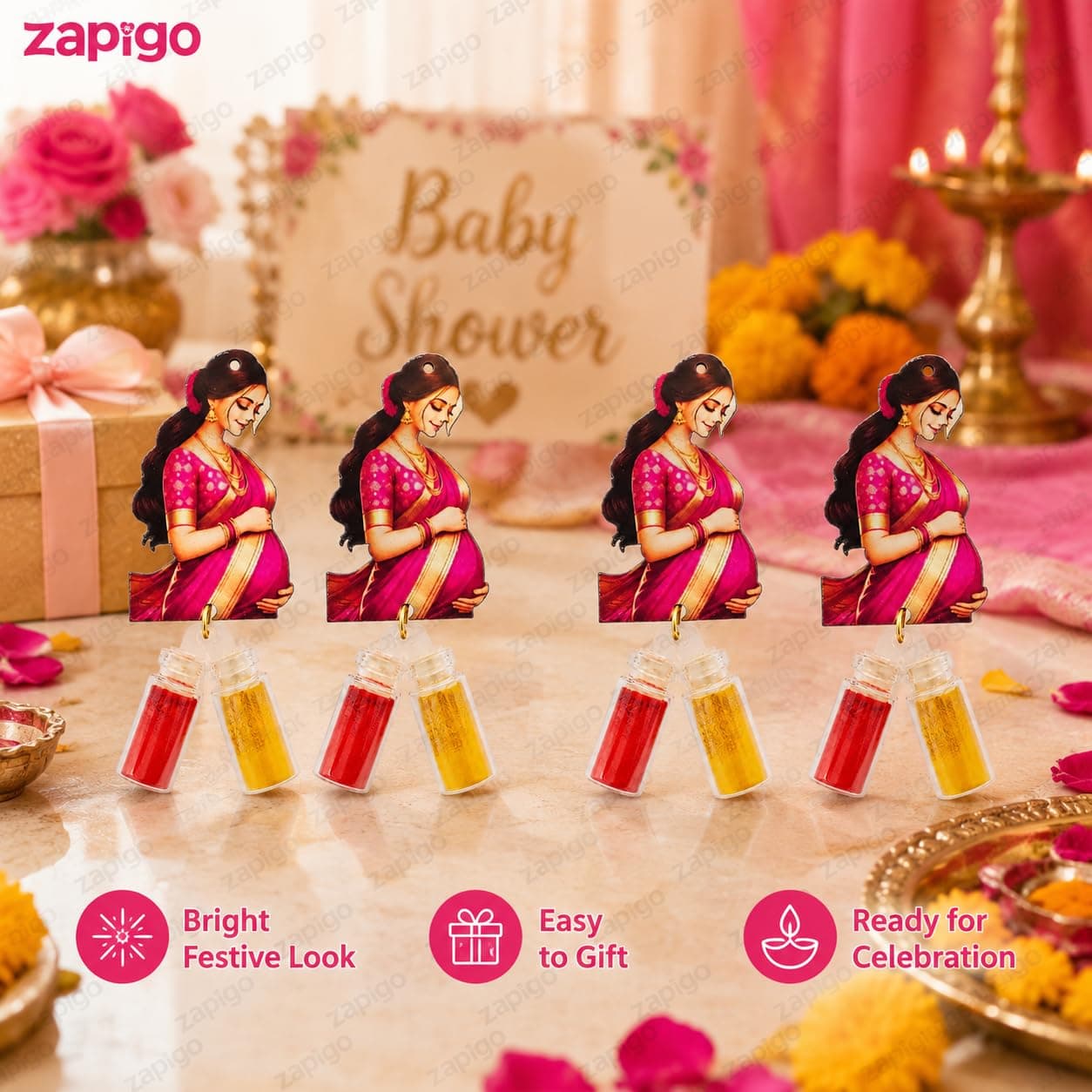 Habba Baby Shower Haldi Kumkum Set for Guests, Printed Cut-Out with Mini Dome Glass Bottles of Haldi & Kumkum, Traditional Seemantham/Godh Bharai/Valaikappu Return Gift, Pack of 10 thumbnail 6