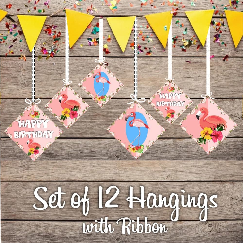 Balloonistics Flamingo Theme Hanging Decorations - Pack of 12 Tropical Luau Party Hangings - Premium Cardstock Pink Flamingo, Palm Leaf & Hibiscus Cutouts with Strings, Summer Birthday & Pool Party Decor (Hangings - Pack of 12) thumbnail 2