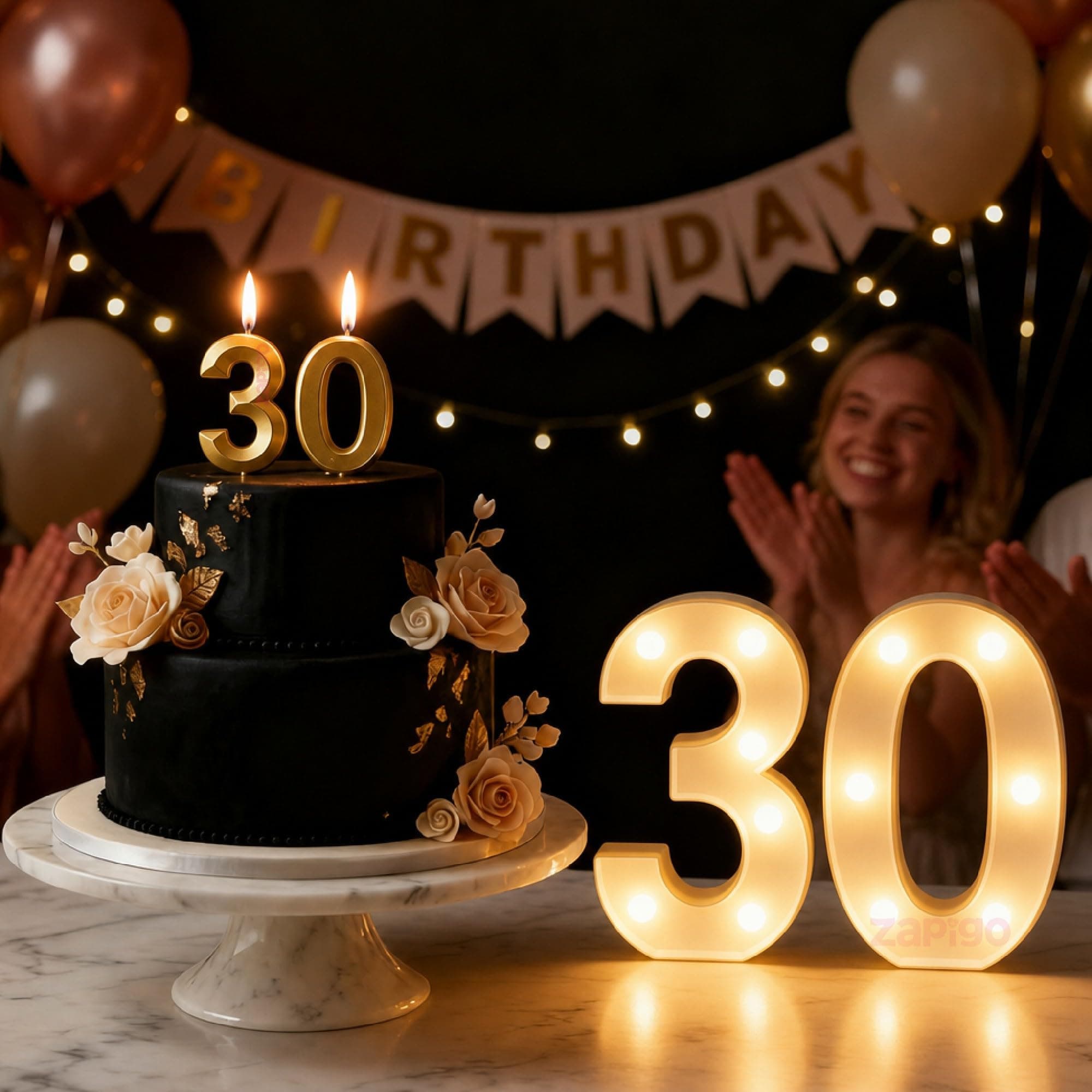 Balloonistics Number 30 LED Marquee Light & Gold Number 30 Birthday Candle Combo - 9-Inch Warm White Marquee Sign + Metallic Gold Cake Candle for 30th Birthday, Anniversary & Milestone Party