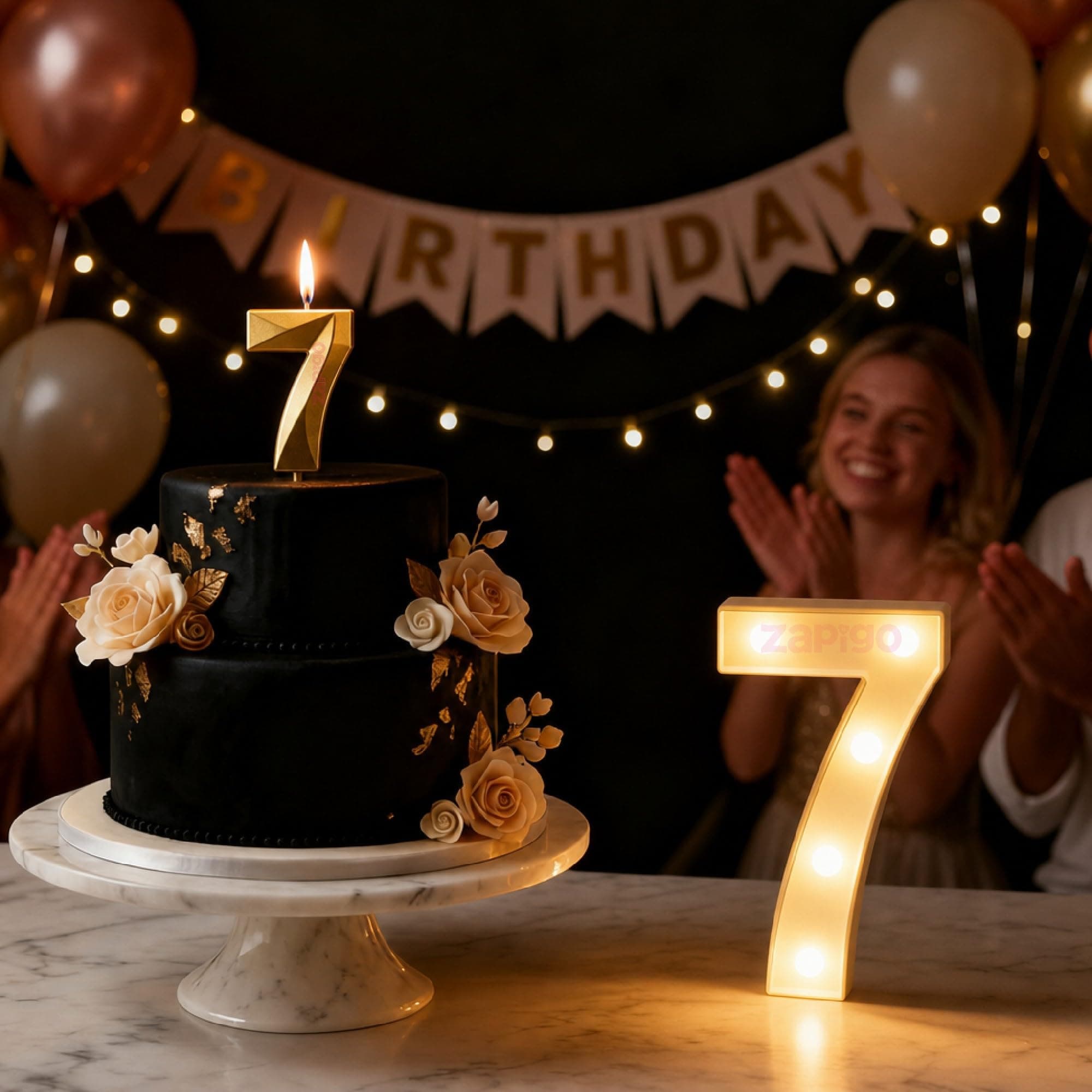 Balloonistics Number 7 LED Marquee Light & Gold Number 7 Birthday Candle Combo - 9-Inch Warm White Marquee Sign + Metallic Gold Cake Candle for 7th Birthday, Anniversary & Milestone Party Decoration