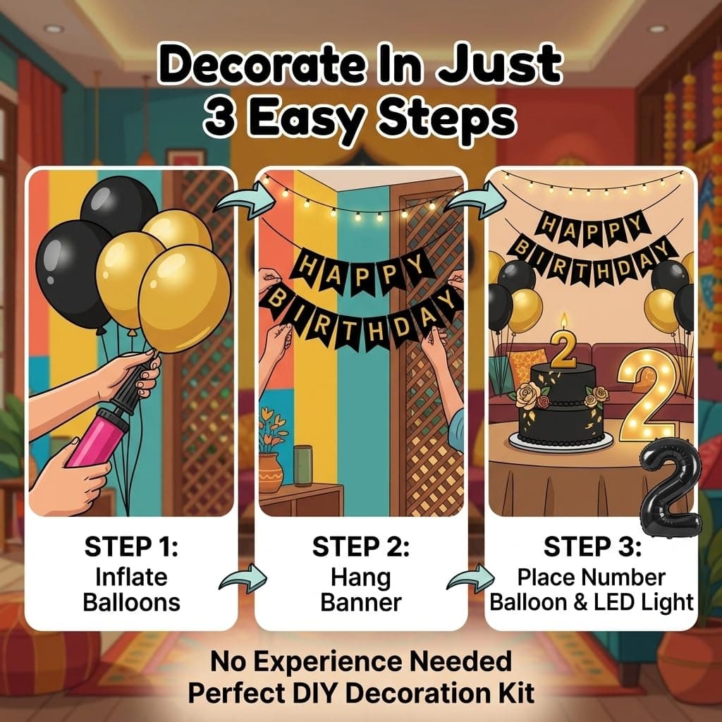 Balloonistics 1st Birthday Decoration Combo Kit - 40 Inch Black Foil Number Balloon, LED Marquee Light, 50 Black & Gold Balloons, Happy Birthday Banner, Balloon Pump & Glue Dots thumbnail 3
