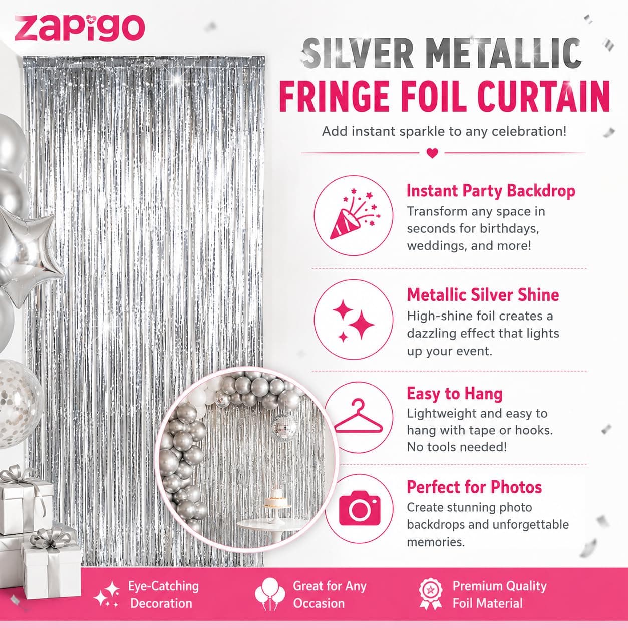 Balloonistics Silver Metallic Fringe Foil Curtain – 3 × 6 Feet Shimmer Tinsel Backdrop for Birthday, Wedding, Anniversary & Photo Booth Decoration (Silver) thumbnail 5