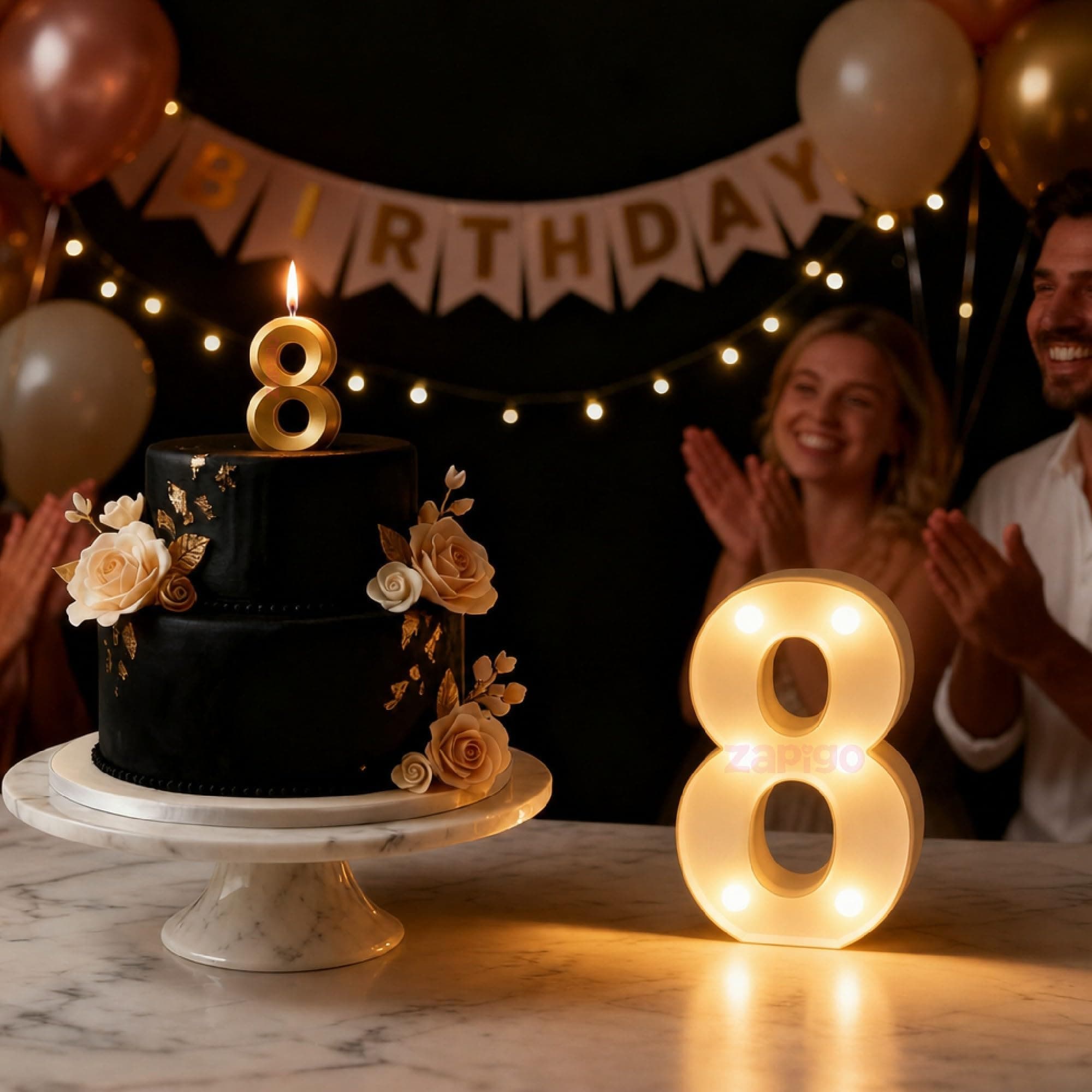 Balloonistics Number 8 LED Marquee Light & Gold Number 8 Birthday Candle Combo - 9-Inch Warm White Marquee Sign + Metallic Gold Cake Candle for 8th Birthday, Anniversary & Milestone Party Decoration thumbnail 1