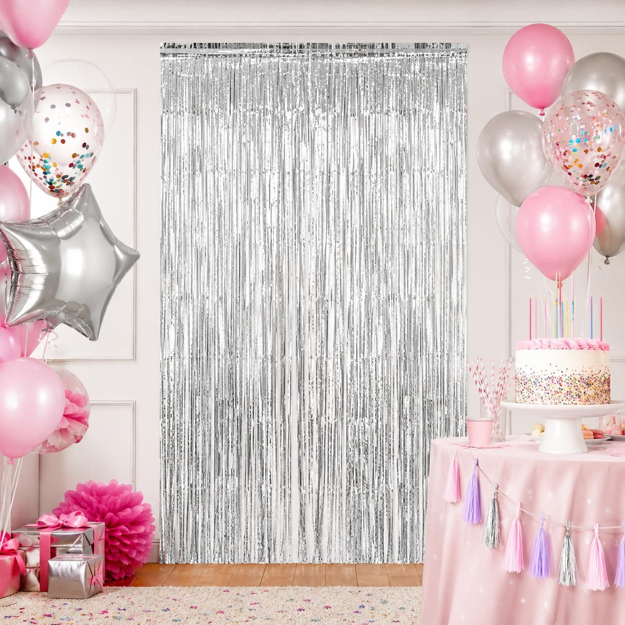 Balloonistics Silver Metallic Fringe Foil Curtain – 3 × 6 Feet Shimmer Tinsel Backdrop for Birthday, Wedding, Anniversary & Photo Booth Decoration (Silver) thumbnail 1