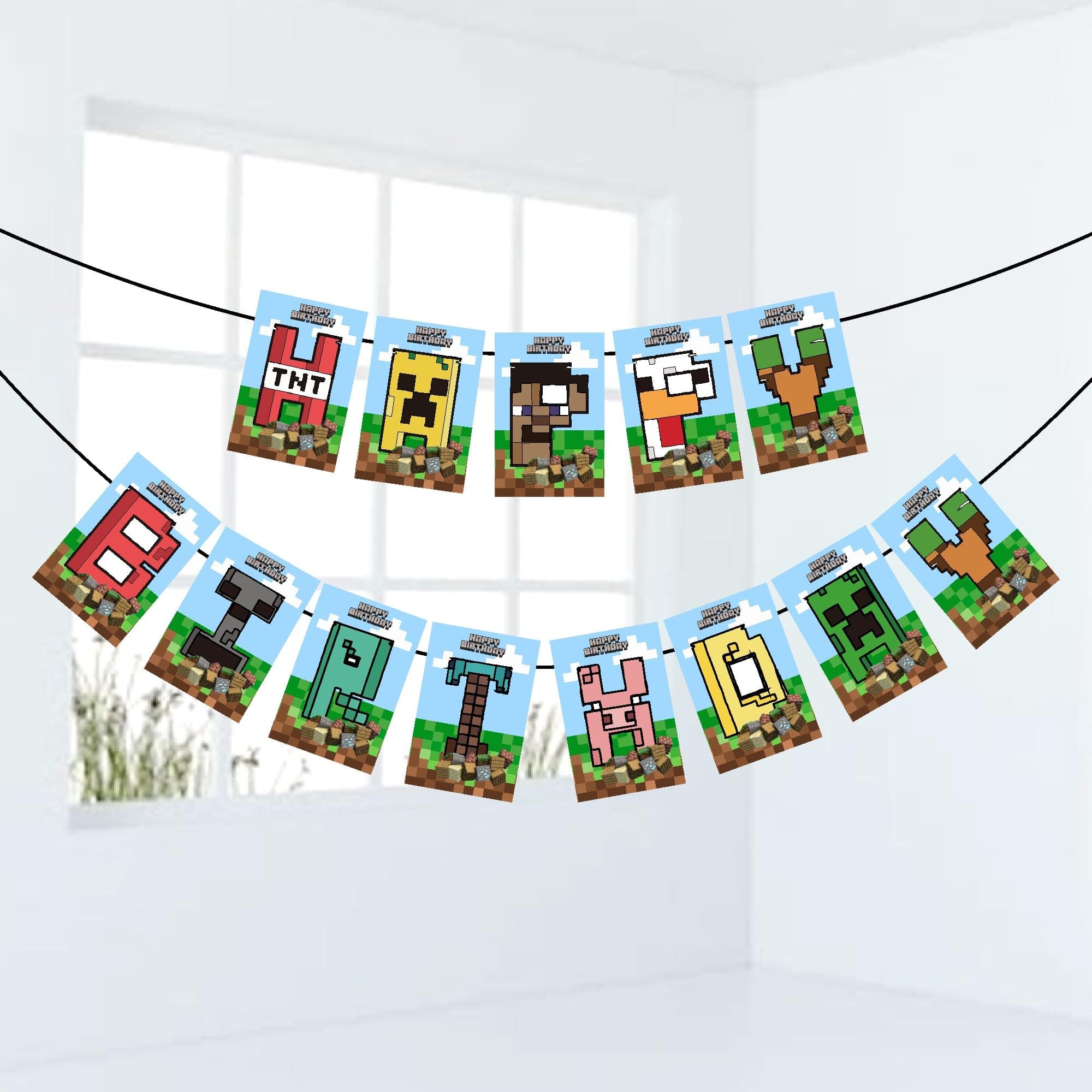 Balloonistics Mines & Craft Theme Happy Birthday Banner Cardstock Pixel Mine Design for Birthday Decoration Backdrop with Ribbon (Happy Birthday Banner) thumbnail 2
