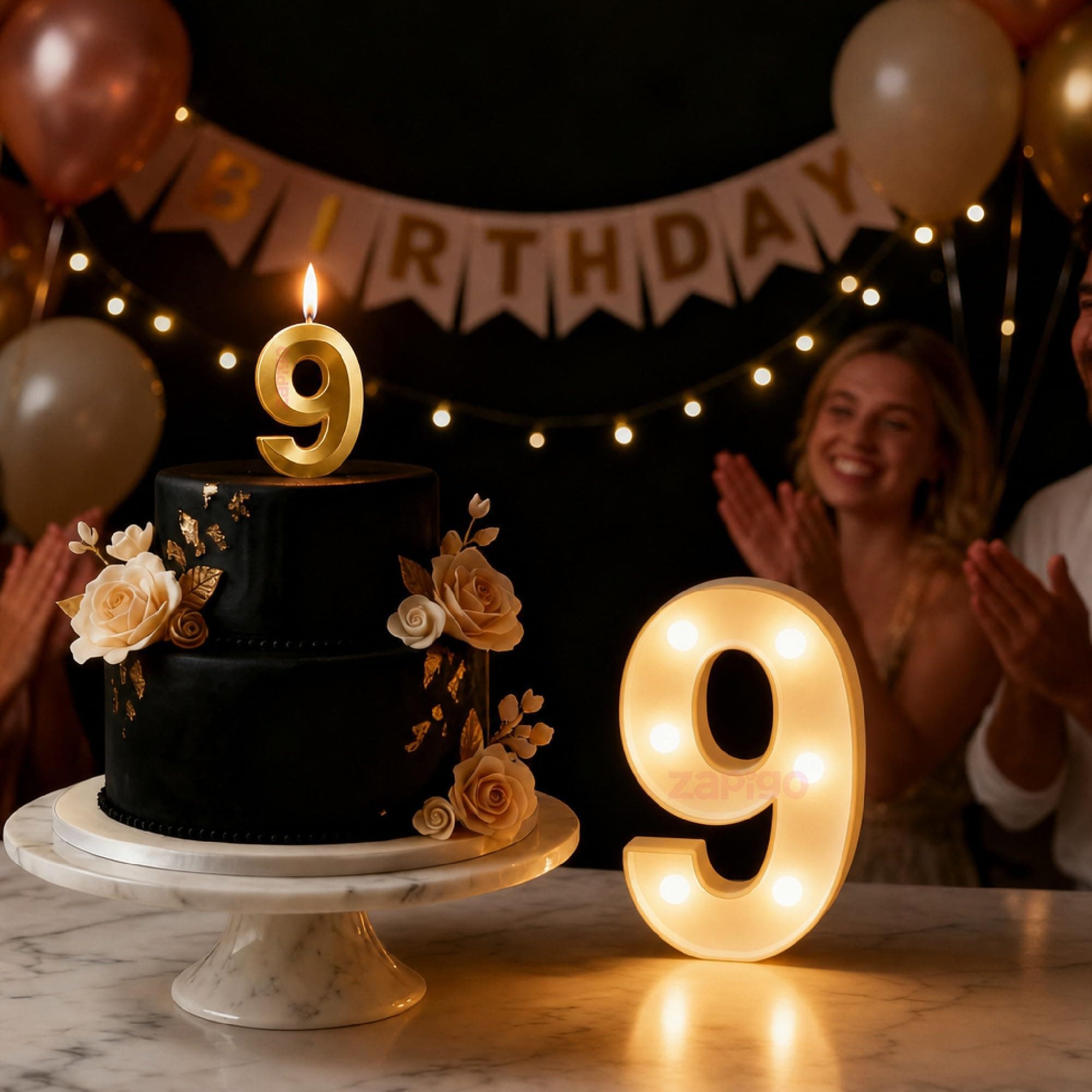 Balloonistics Number 9 LED Marquee Light & Gold Number 9 Birthday Candle Combo - 9-Inch Warm White Marquee Sign + Metallic Gold Cake Candle for 9th Birthday, Anniversary & Milestone Party Decoration thumbnail 1
