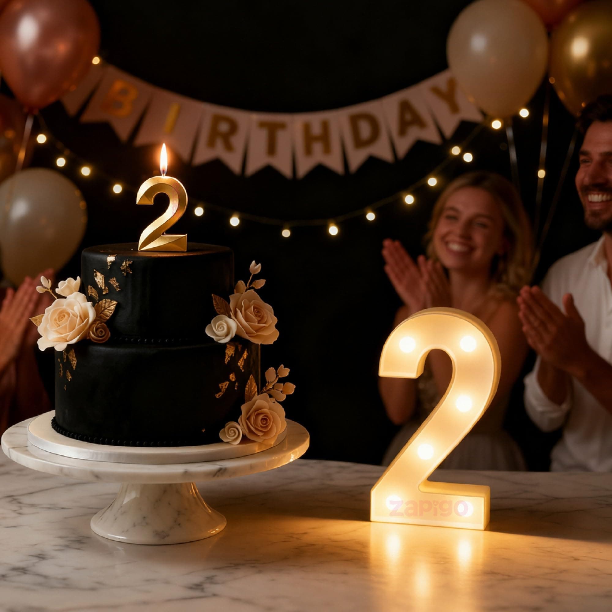 Balloonistics Number 2 LED Marquee Light & Gold Number 2 Birthday Candle Combo - 9-Inch Warm White Marquee Sign + Metallic Gold Cake Candle for 2nd Birthday, Anniversary & Milestone Party Decoration