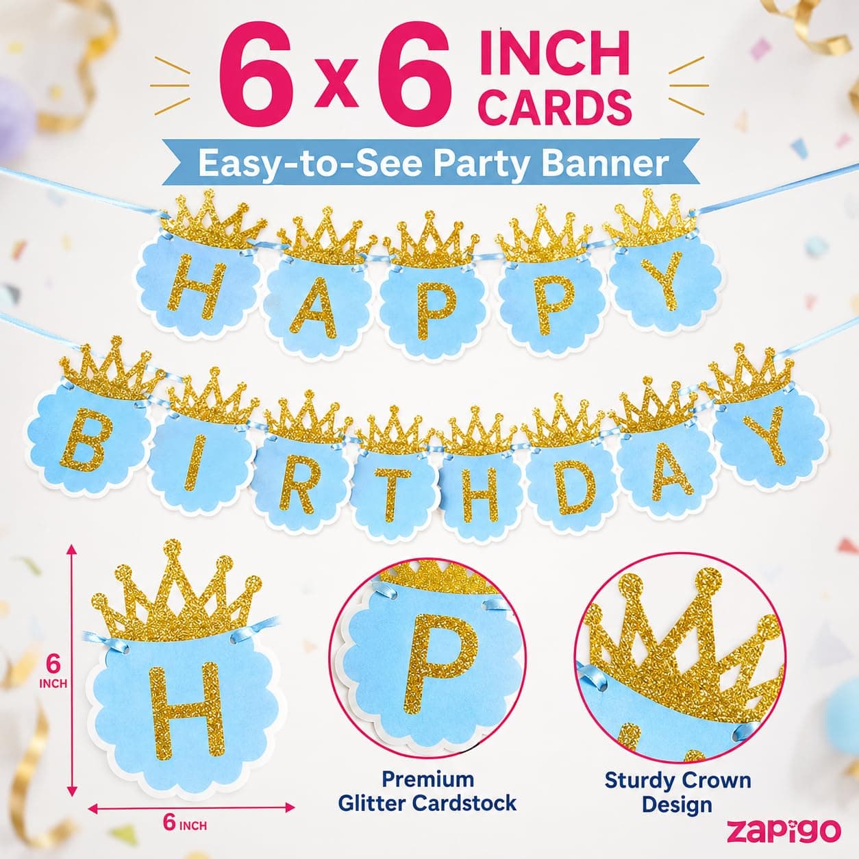 Balloonistics Happy Birthday Cardboard Banner with Glitter Crown – Blue & Gold Party Decoration Bundle for Boys Birthday Celebration & Photo Backdrop thumbnail 5