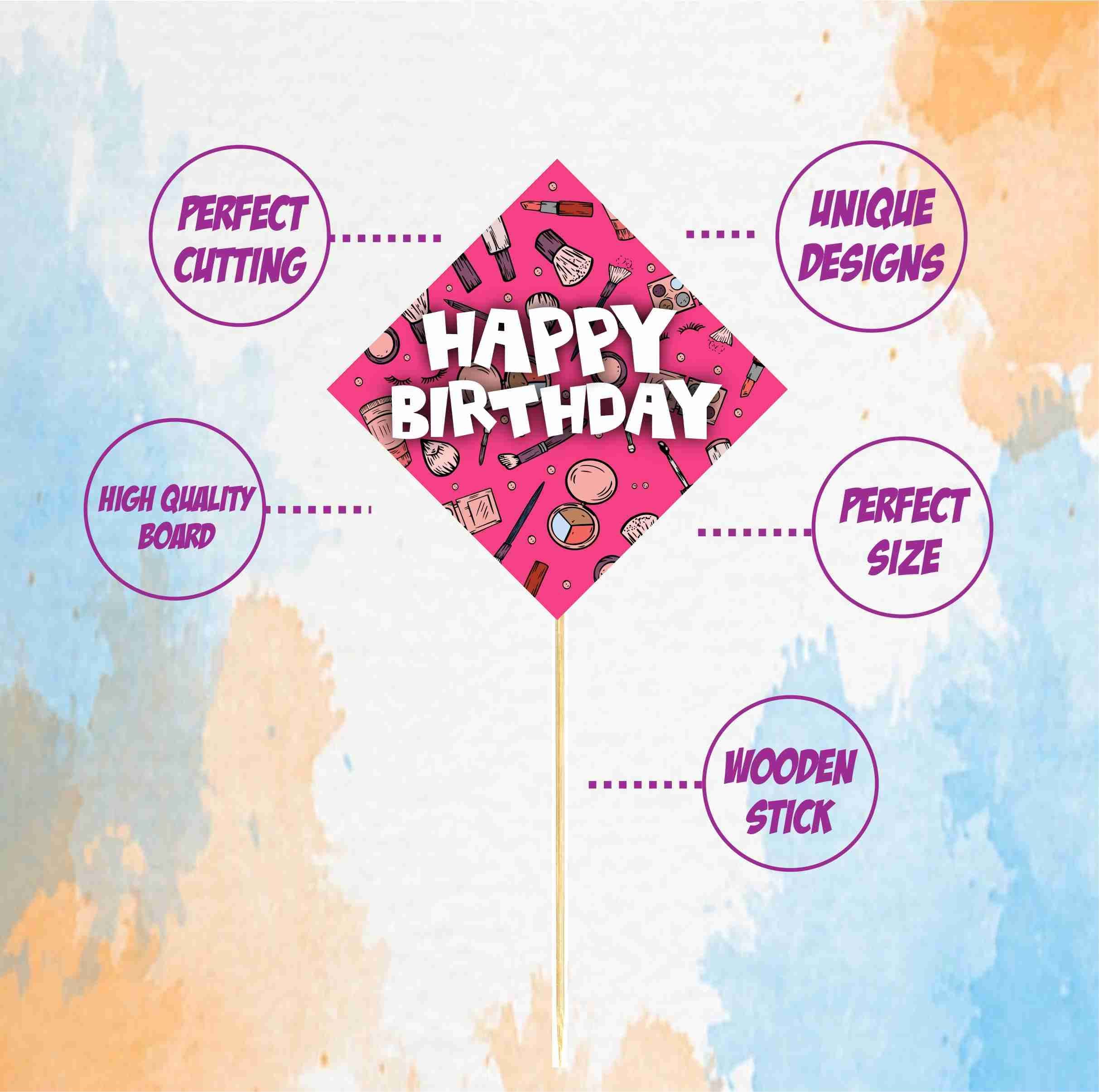 Balloonistics Makeup Theme Happy Birthday Cake Topper - Pack of 10 Premium Cardstock Decorations - Spa Day, Glamour & Salon Party Supplies - Includes Sturdy Bamboo Sticks thumbnail 5