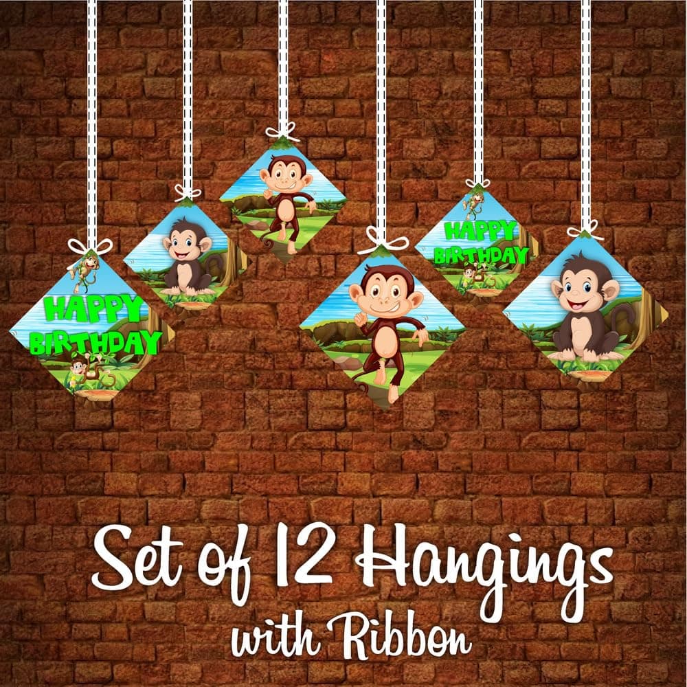 Balloonistics Monkey Theme Party Hangings - Pack of 12 Jungle Safari Ceiling Decorations - Premium Cardstock Animal Cutouts with Swirls, Cute Monkey Birthday Decor for Boys & Girls (Hangings - Pack of 12) thumbnail 5