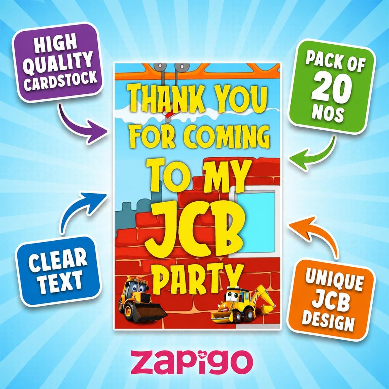 Balloonistics Little JCB Theme Thank You Cards - Pack of 20 Construction Party Appreciation Notes - Premium Cardstock Yellow Digger & Excavator Stationery, "Loads of Thanks" Birthday Favors (Thank you Cards - Pack of 20) thumbnail 6