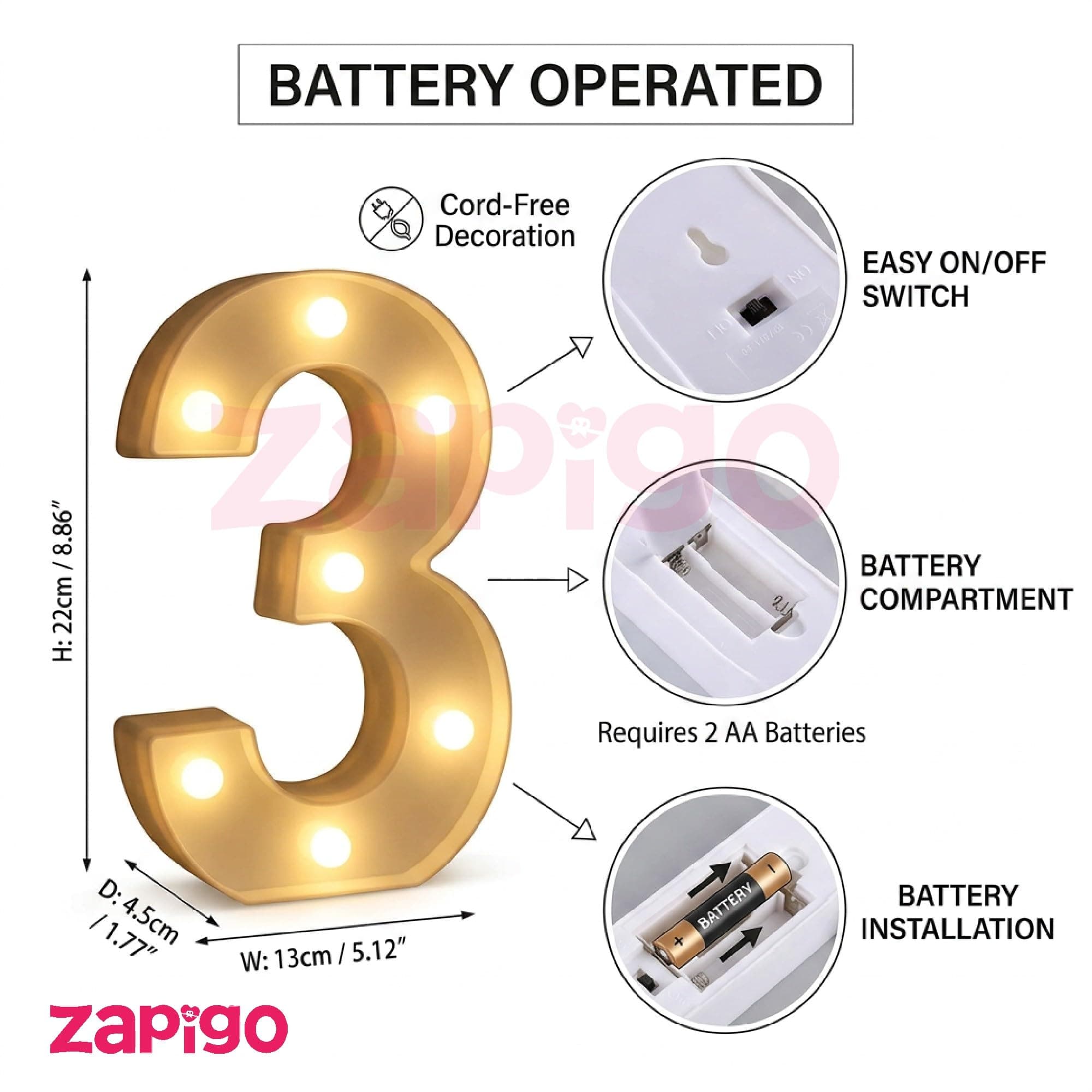 Balloonistics LED Marquee Number 3 Light - 9-Inch Cordless Battery-Operated Warm White Light Up Number Sign for 3rd Birthday, Anniversary, Wedding, Party Decoration, Photo Booth Backdrop thumbnail 4