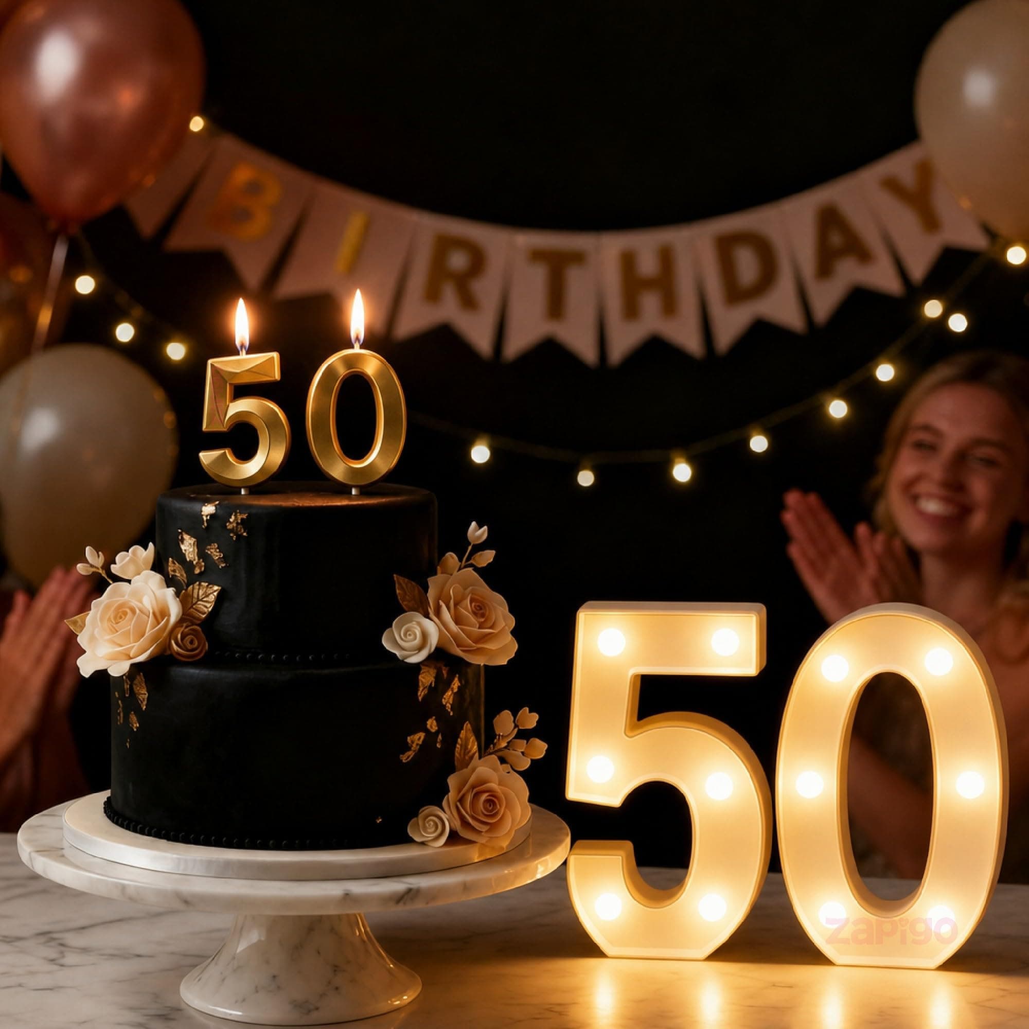 Balloonistics Number 50 LED Marquee Light & Gold Number 50 Birthday Candle Combo - 9-Inch Warm White Marquee Sign + Metallic Gold Cake Candle for 50th Birthday, Anniversary & Milestone Party