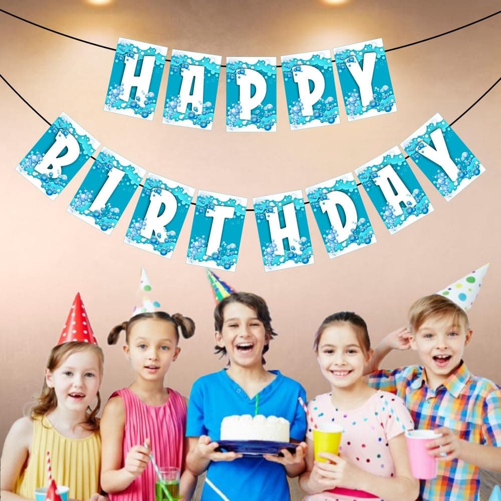 Balloonistics Bubble Theme Happy Birthday Banner - "Pop" Celebration Bunting - Premium Cardstock Iridescent Bubbles & Blue Sky Birthday Decoration with Ribbons, Whimsical Bubbles Party Backdrop (Happy Birthday Banner) thumbnail 3
