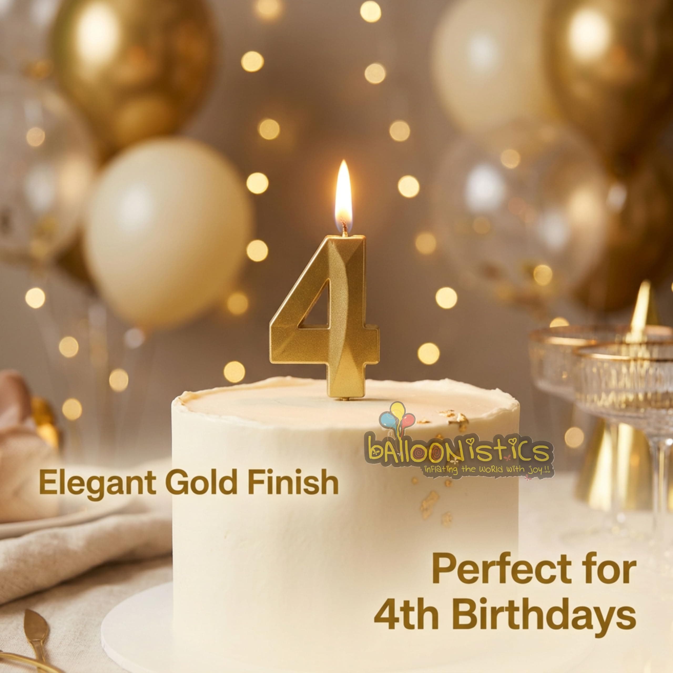Balloonistics Gold Number 4 Birthday Candle - 3D Metallic Cake Topper for 4th Birthday, Anniversary, Milestone Age Party Decoration, Cake Table Decor thumbnail 2