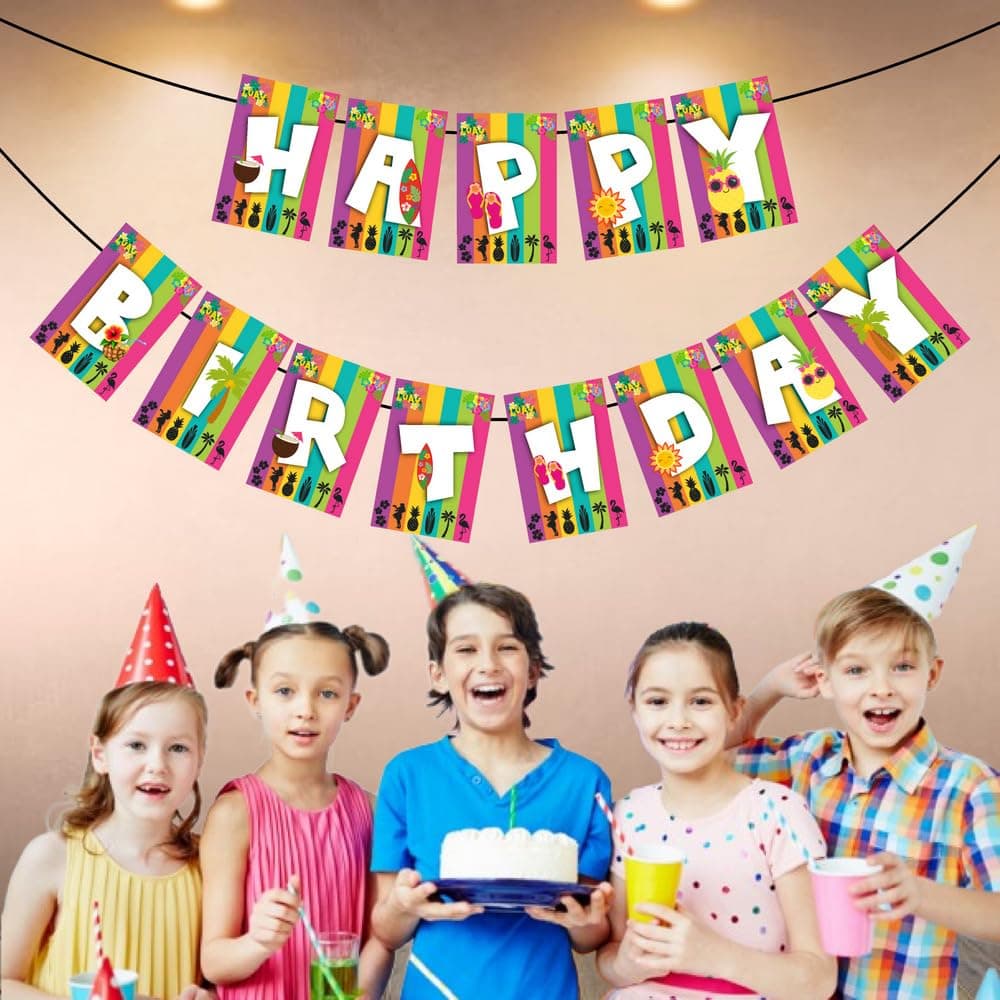 Balloonistics Hawaii Luau Happy Birthday Banner - Tropical Hibiscus & Palm Leaf Bunting for Island Theme Party Decorations - Premium Cardstock Aloha Backdrop with Adjustable Ribbon (Happy Birthday Banner) thumbnail 3