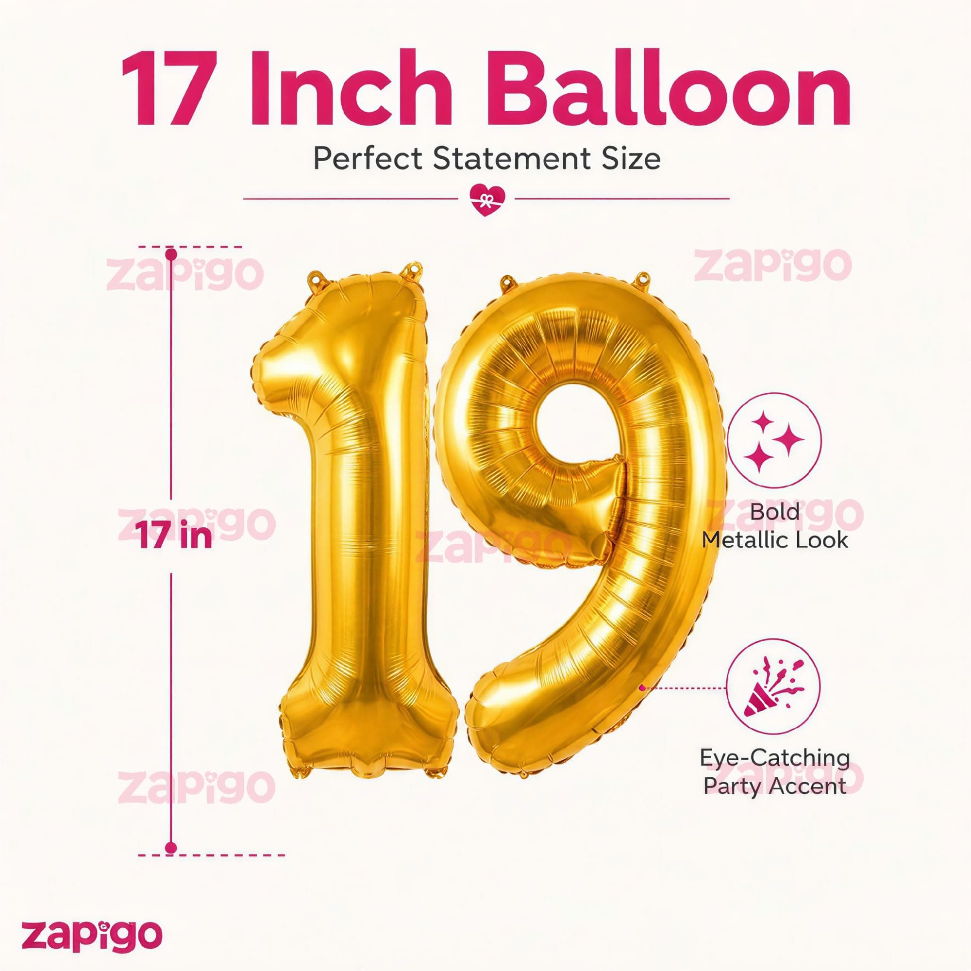 Balloonistics Number 19 Gold Foil Balloon – 17-Inch Metallic '19' Balloon Pack of 2 for 19th Birthday & Last-of-Teens Party Decoration thumbnail 3