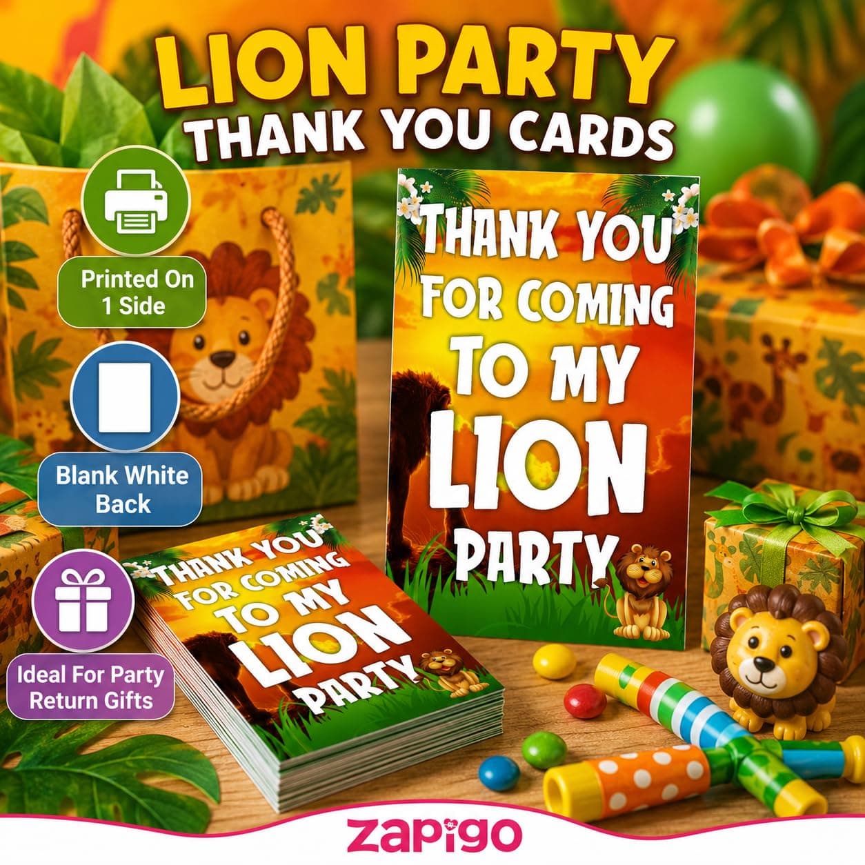 Balloonistics Lion Theme Thank You Cards - Pack of 20 Roaring Jungle Safari Appreciation Notes - Premium Cardstock "King of the Jungle" Stationery, Wild One Zoo Birthday Party Favors for Kids (Thank you Cards - Pack of 20) thumbnail 8