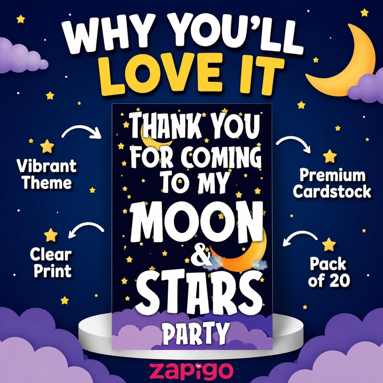 Balloonistics Moon and Stars Theme Birthday Thank You Cards - Pack of 20 Premium Cardstock Notes for Return Gifts - "Twinkle Twinkle Little Star" & Celestial Party Supplies, Double-Sided Favors Appreciation Tags (Thank you Cards - Pack of 20) thumbnail 7