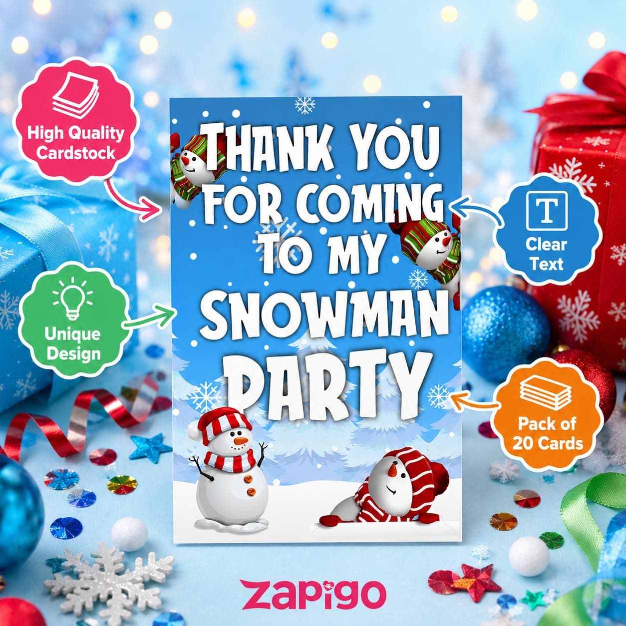 Balloonistics Snowman Birthday Thank You Cards - Pack of 20 Premium Cardstock Notes - Winter Wonderland Party Supplies, Frosty Theme "Thanks for Coming" Appreciation Cards, Holiday Season Birthday Stationery (Thank you Cards - Pack of 20) thumbnail 6