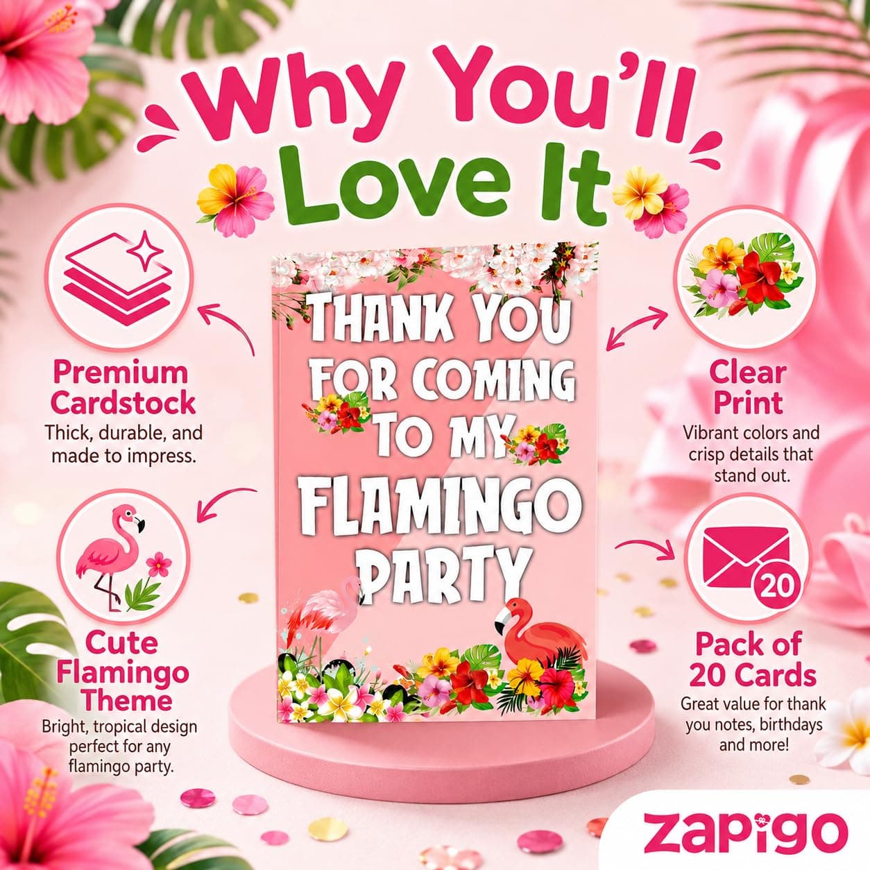 Balloonistics Flamingo Theme Thank You Cards - Pack of 20 Tropical Birthday Note Cards - Premium Cardstock "Thanks for Flamingling" Stationery, Vibrant Summer Pink & Floral Gratitude Cards (Thank you Cards - Pack of 20) thumbnail 5