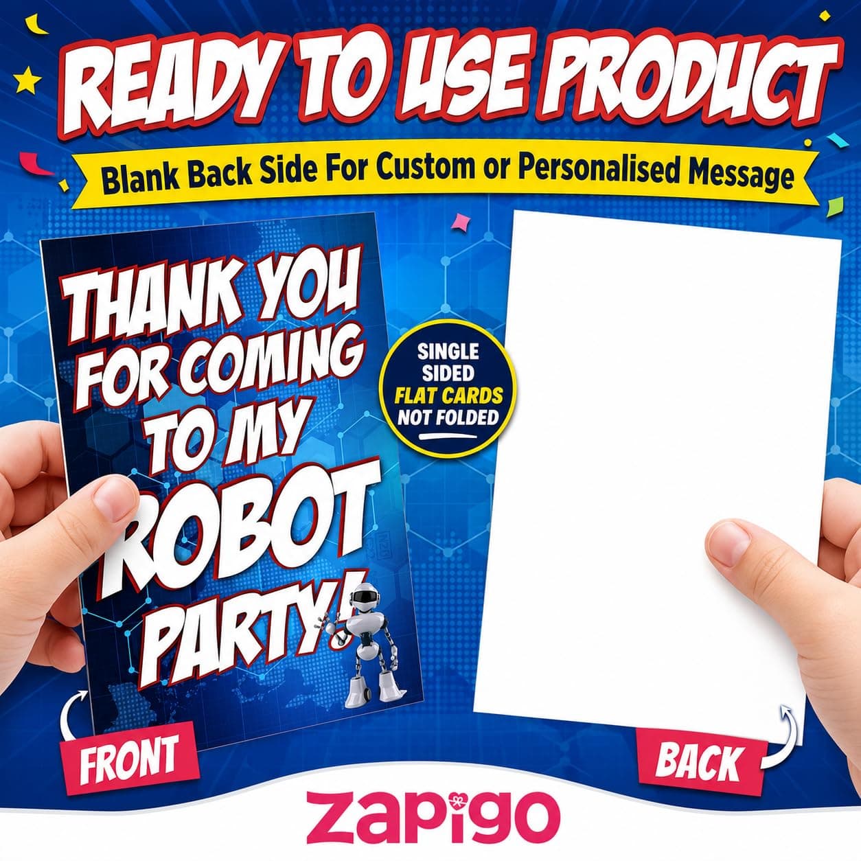 Balloonistics Robot Theme Thank You Cards - Pack of 20 Double-Sided Cardstock Note Cards - Futuristic Sci-Fi Party Stationery for Kids, Boys & STEM Birthdays - Gear-Shaped Appreciation Cards with Fill-in Details (Thank you Cards - Pack of 20) thumbnail 5