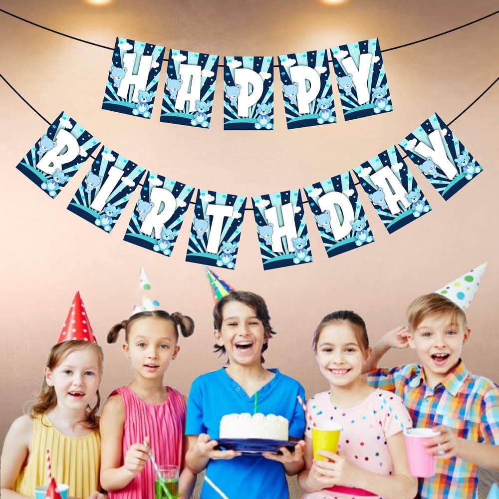 Balloonistics Blue Teddy Bear Birthday Banner - "Mom Theme" Happy Birthday Bunting for Boys' Party Decorations - Premium Cardstock Backdrop for Indoor & Outdoor Use, Includes Ribbon - Cuddly Bear Theme Party Supplies (Happy Birthday Banner) thumbnail 3
