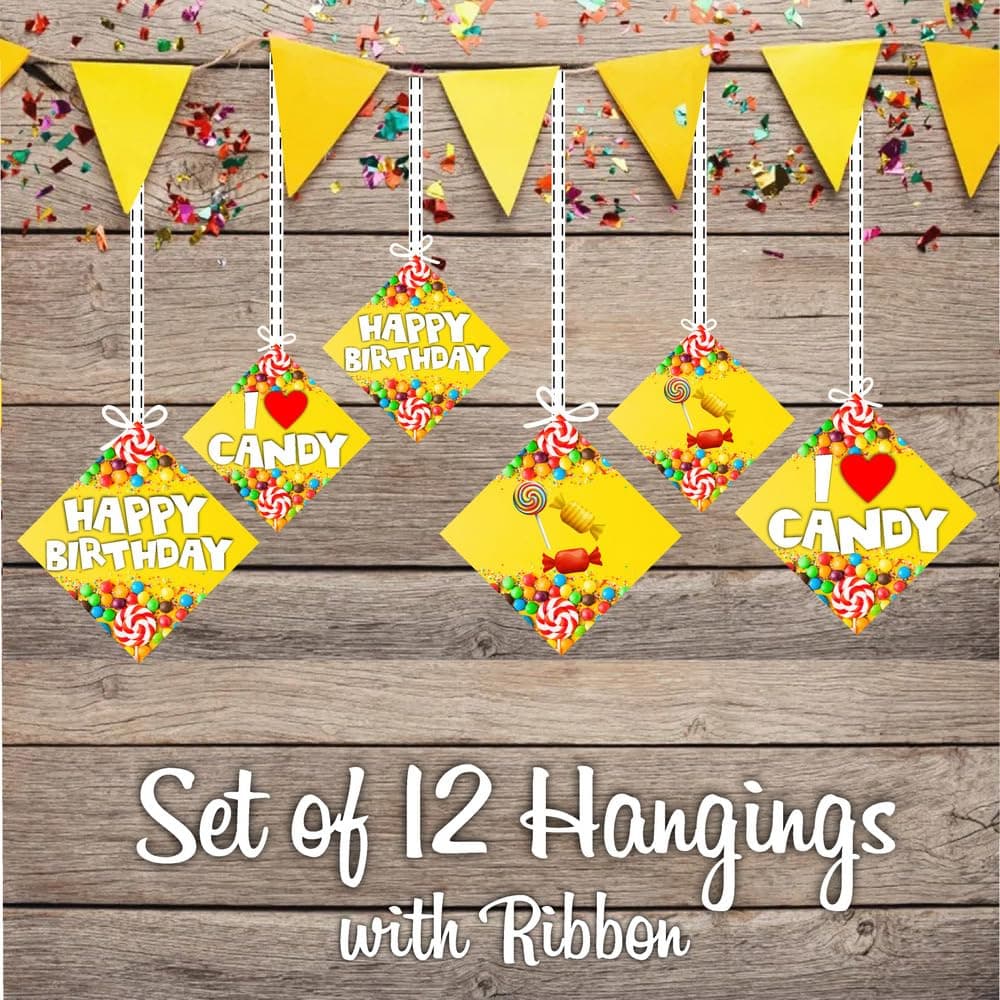 Balloonistics Candy Theme Happy Birthday Hanging Decorations - Pack of 12 Double-Sided Cardstock Swirls & Cutouts - Sweet One, Candyland, and Lollipop Party Supplies, Includes Ribbons & Hooks (Hangings - Pack of 12) thumbnail 2