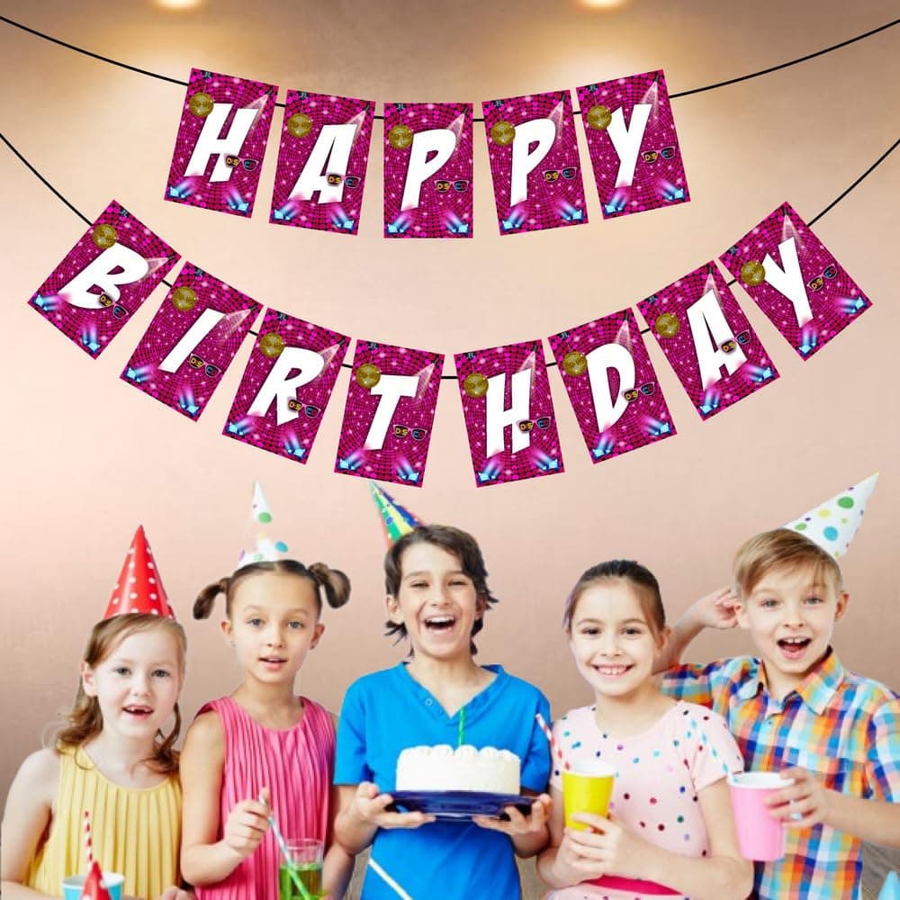 Balloonistics Disco Theme Happy Birthday Banner - 70s Retro Disco Ball Cardstock Bunting for Kids & Adults - Saturday Night Fever & Groovy Dance Party Supplies, Neon Backdrop Decor thumbnail 3