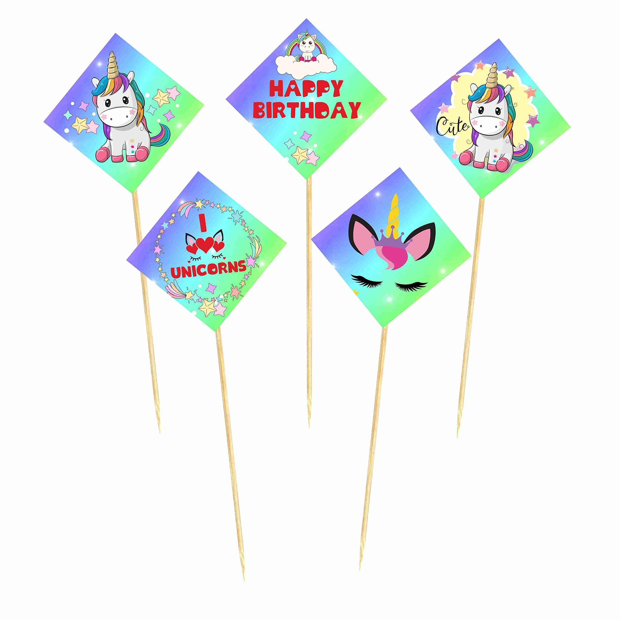 Balloonistics Unicorn Theme Cake Topper Set Double-Sided Cardstock with Bamboo Sticks Party Decorations for Girls Birthday Celebrations Backdrop (Cake Topper - Pack of 10) thumbnail 2